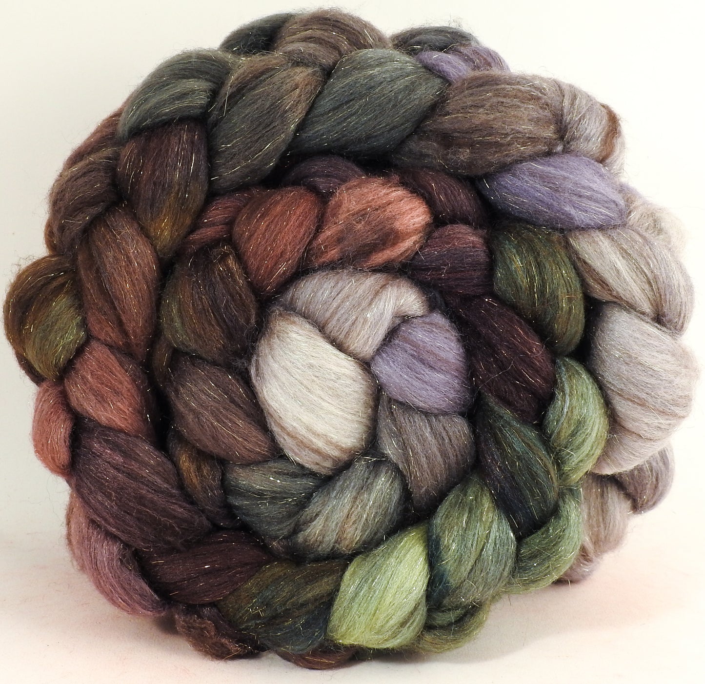 Winter Wren -(5.1 oz) Batt in a Braid #53- YAK/ Tussah silk/ Superfine Merino/Gold Stellina(30/30/30/10)