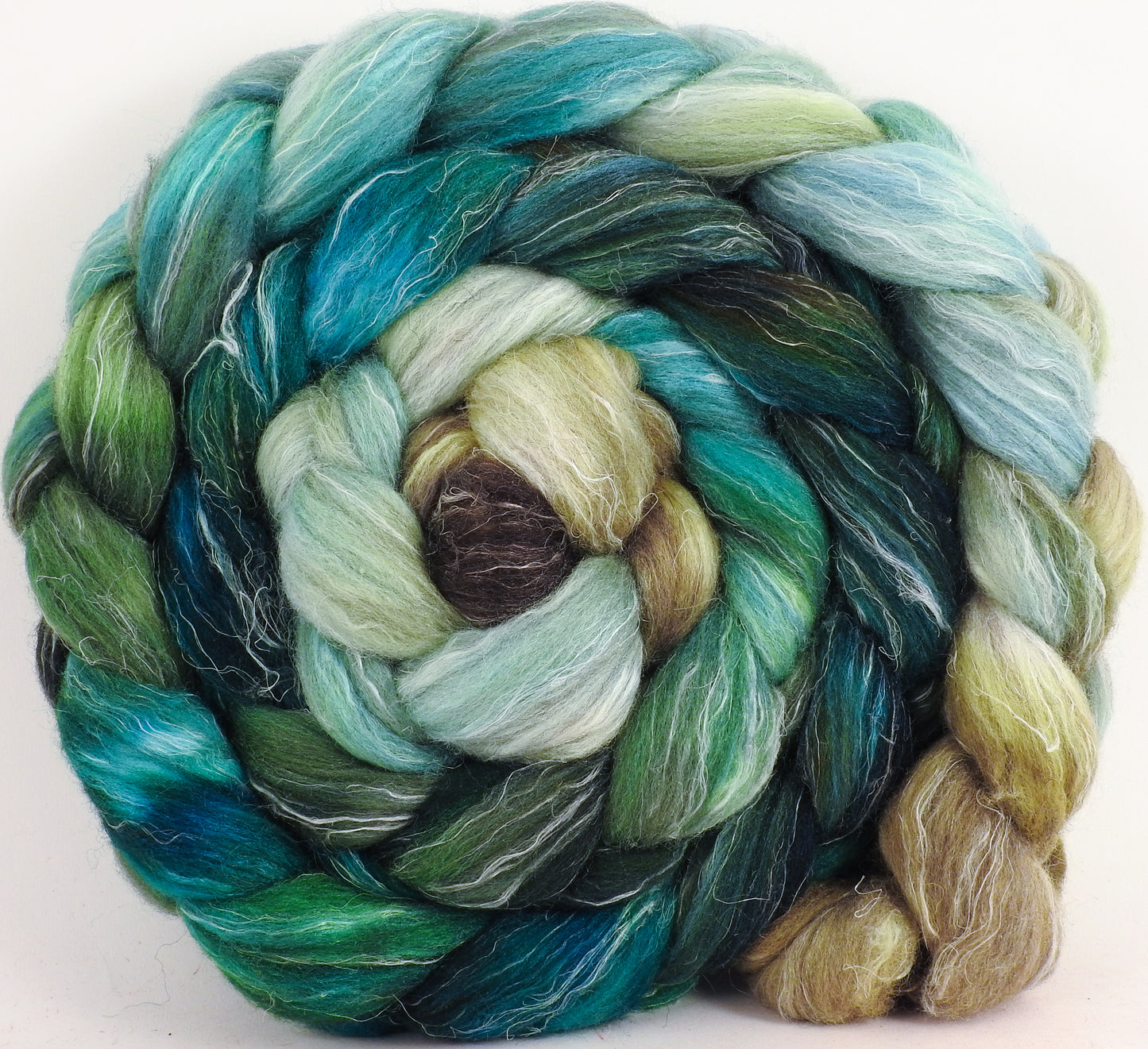 Batt in a Braid #38 - Aventurine (5.2 oz.) Shetland/ Falkland Merino / tussah silk/ flax (40/25/25/10) - Inglenook Fibers