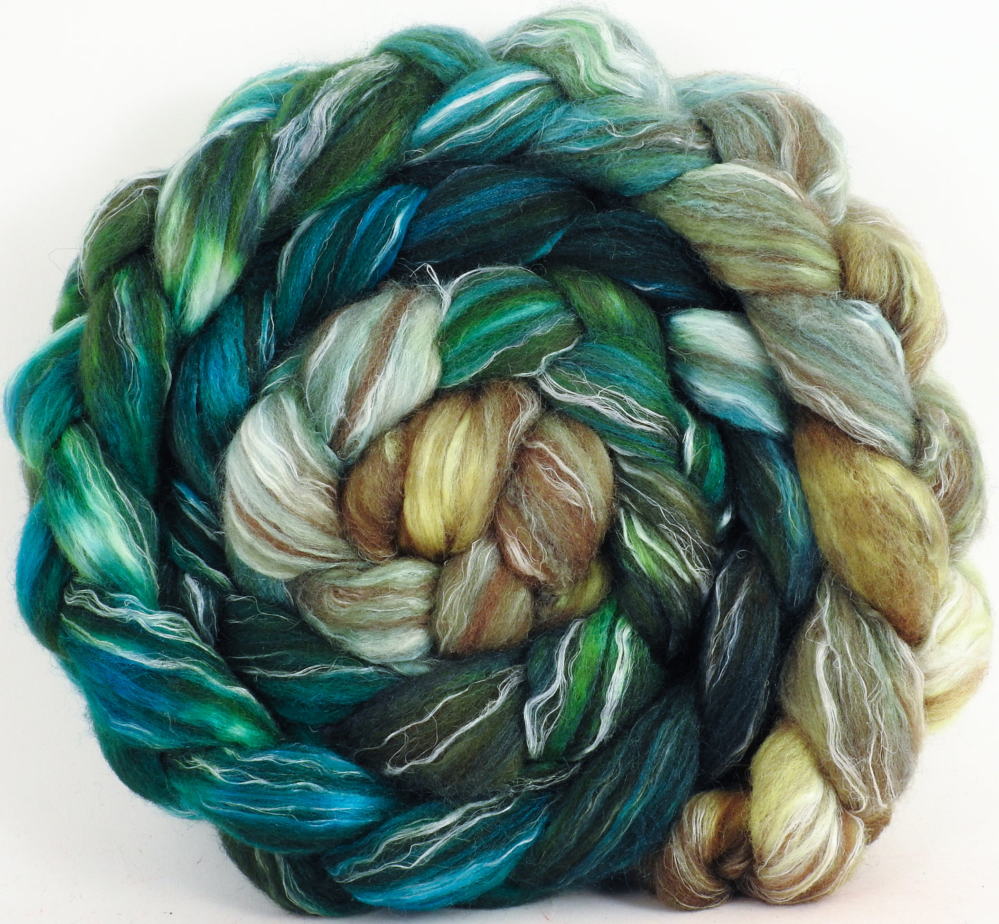 Batt in a Braid #32 - Aventurine -(5.3 oz) Manx Loaghtan/ Wht Bfl / Tussah Silk/ Flax( 30/30/30/10) - Inglenook Fibers