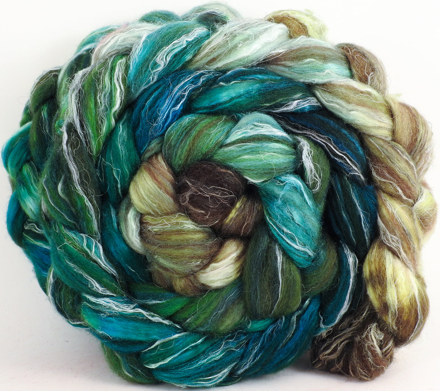 Batt in a Braid #32 - Aventurine -(5.3 oz) Manx Loaghtan/ Wht Bfl / Tussah Silk/ Flax( 30/30/30/10) - Inglenook Fibers