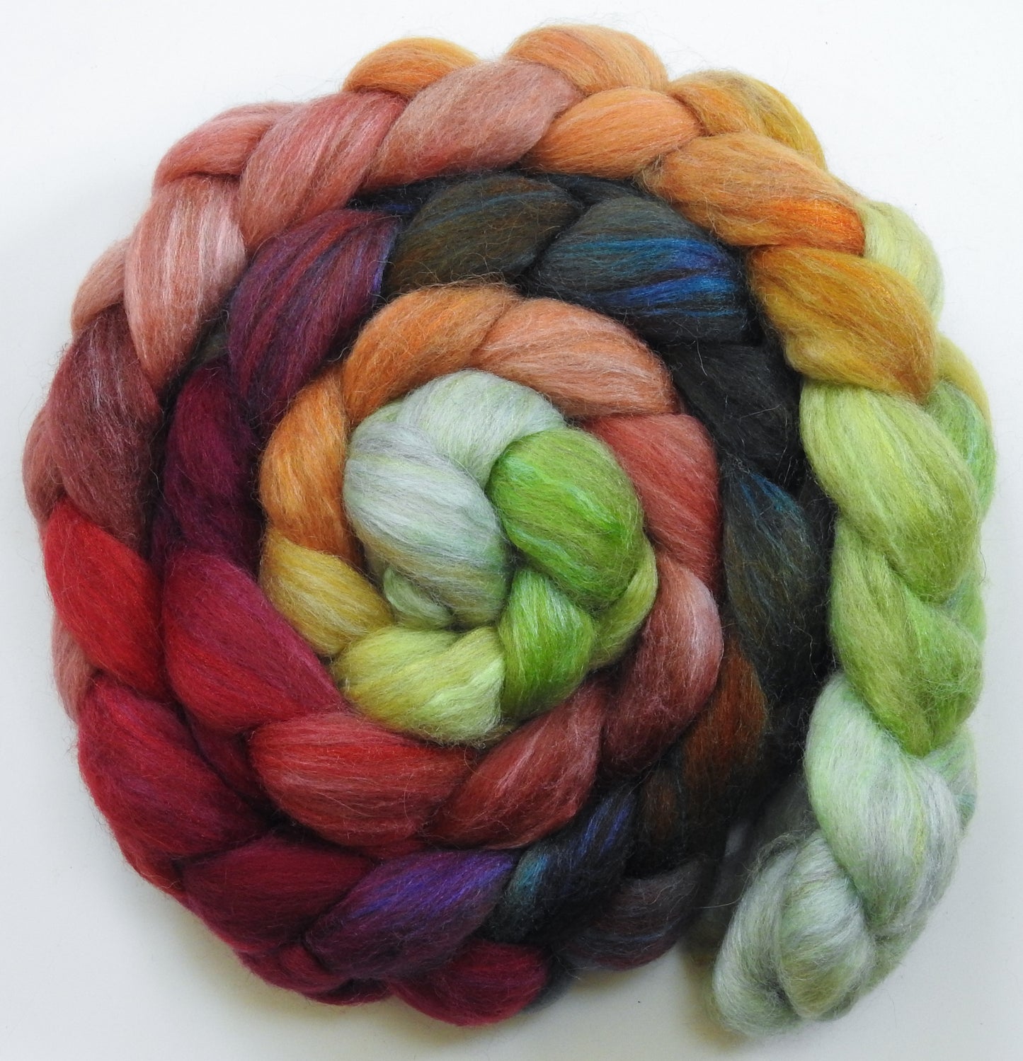 Icelandic Poppies -(5 oz.) Batt in a Braid #1- Falkland/ Grey Baby Alpaca/ Tussah Silk/ Firestar (40/25/25/10)