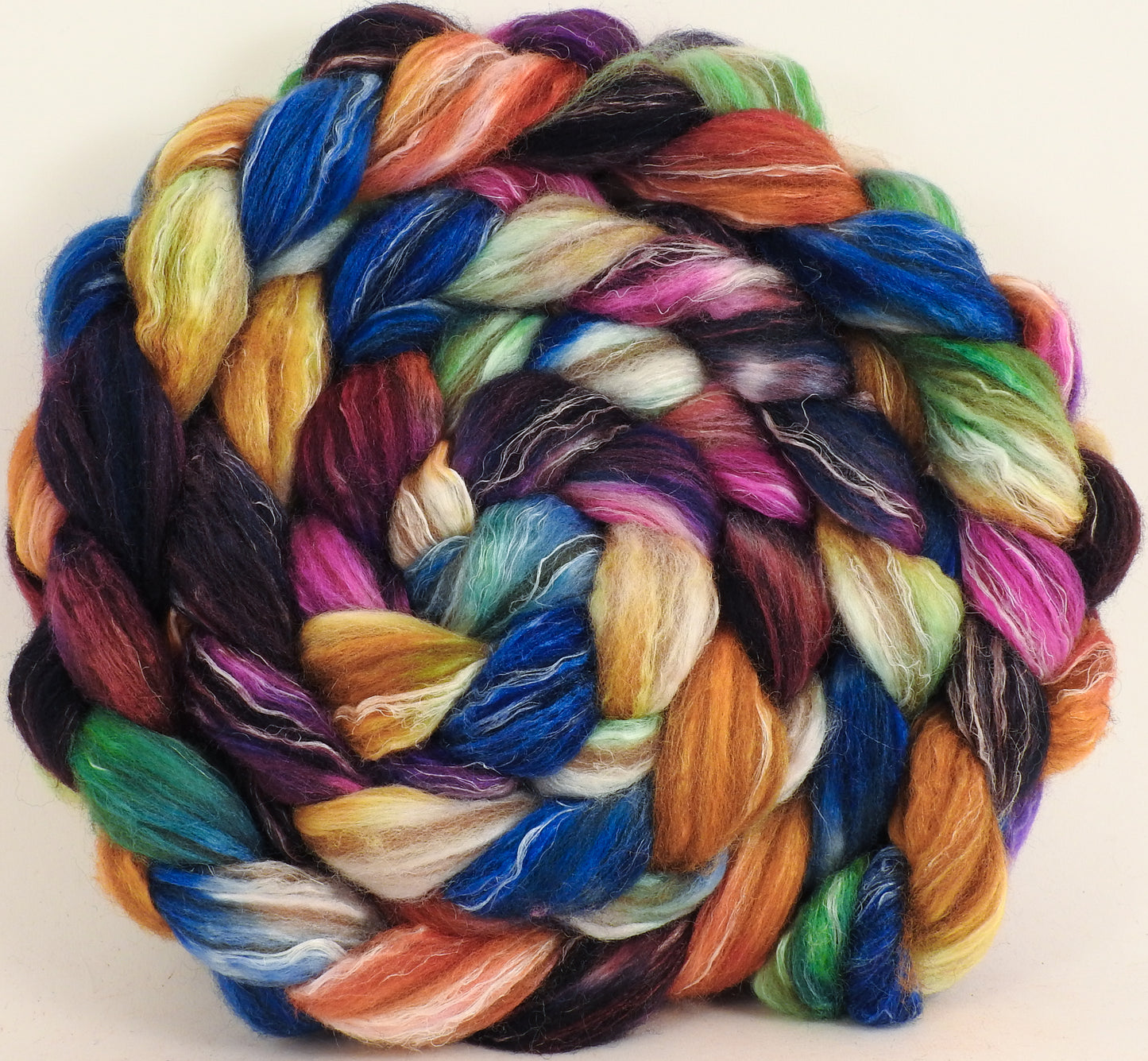 Batt in a Braid #32 -Crayon Box -(6.3 oz) Manx Loaghtan/ Wht Bfl / Tussah Silk/ Flax( 30/30/30/10) - Inglenook Fibers