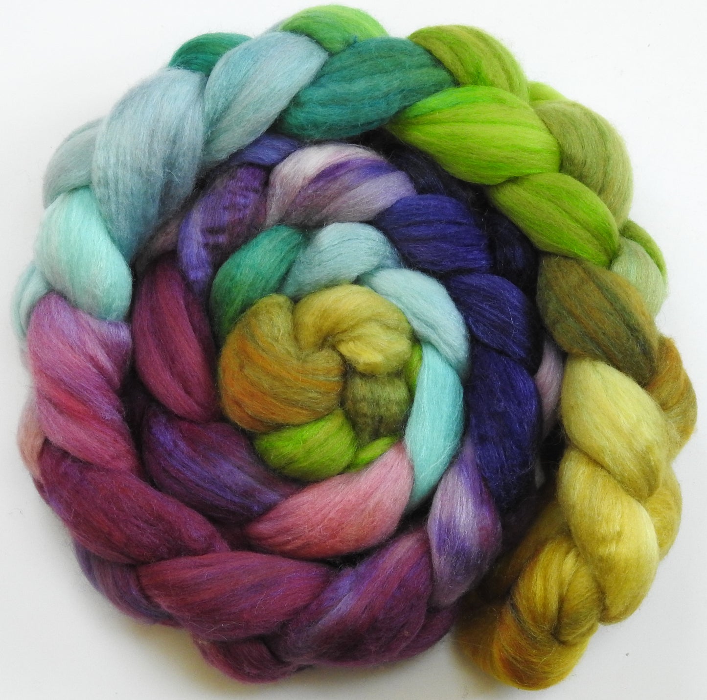 Pasque Flower-(5.4 oz) Batt in a Braid #56- Superfine Merino/Tussah Silk/ Cashmere (60/25/15)