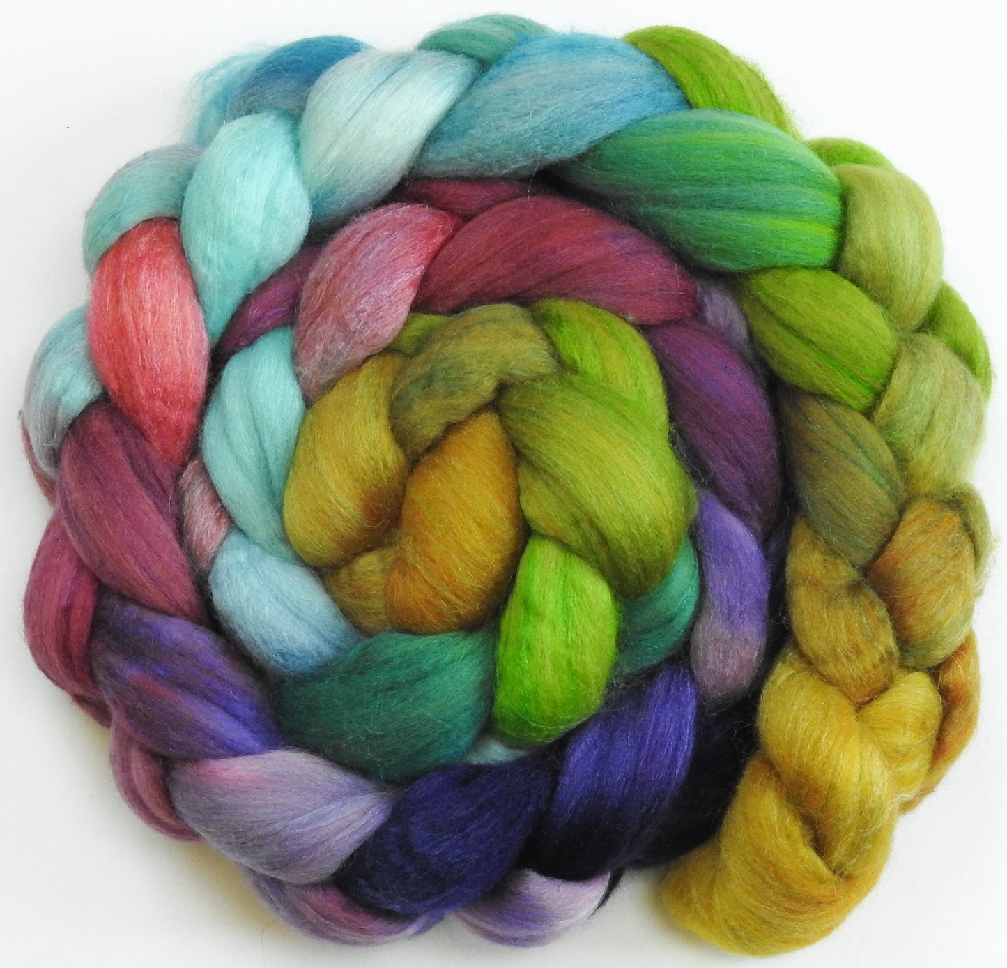 Pasque Flower-(5.4 oz) Batt in a Braid #56- Superfine Merino/Tussah Silk/ Cashmere (60/25/15)