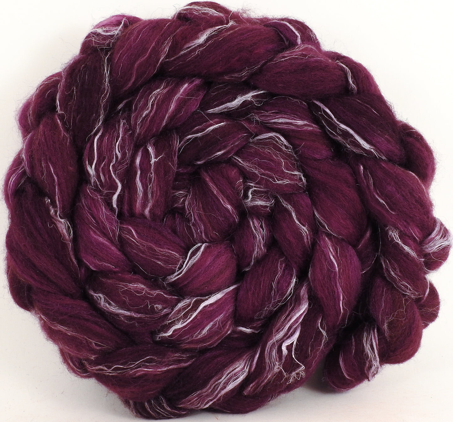 Batt in a Braid #32- Mulberry-(5.4 oz) Manx Loaghtan/ Wht Bfl / Tussah Silk/ Flax( 30/30/30/10) - Inglenook Fibers