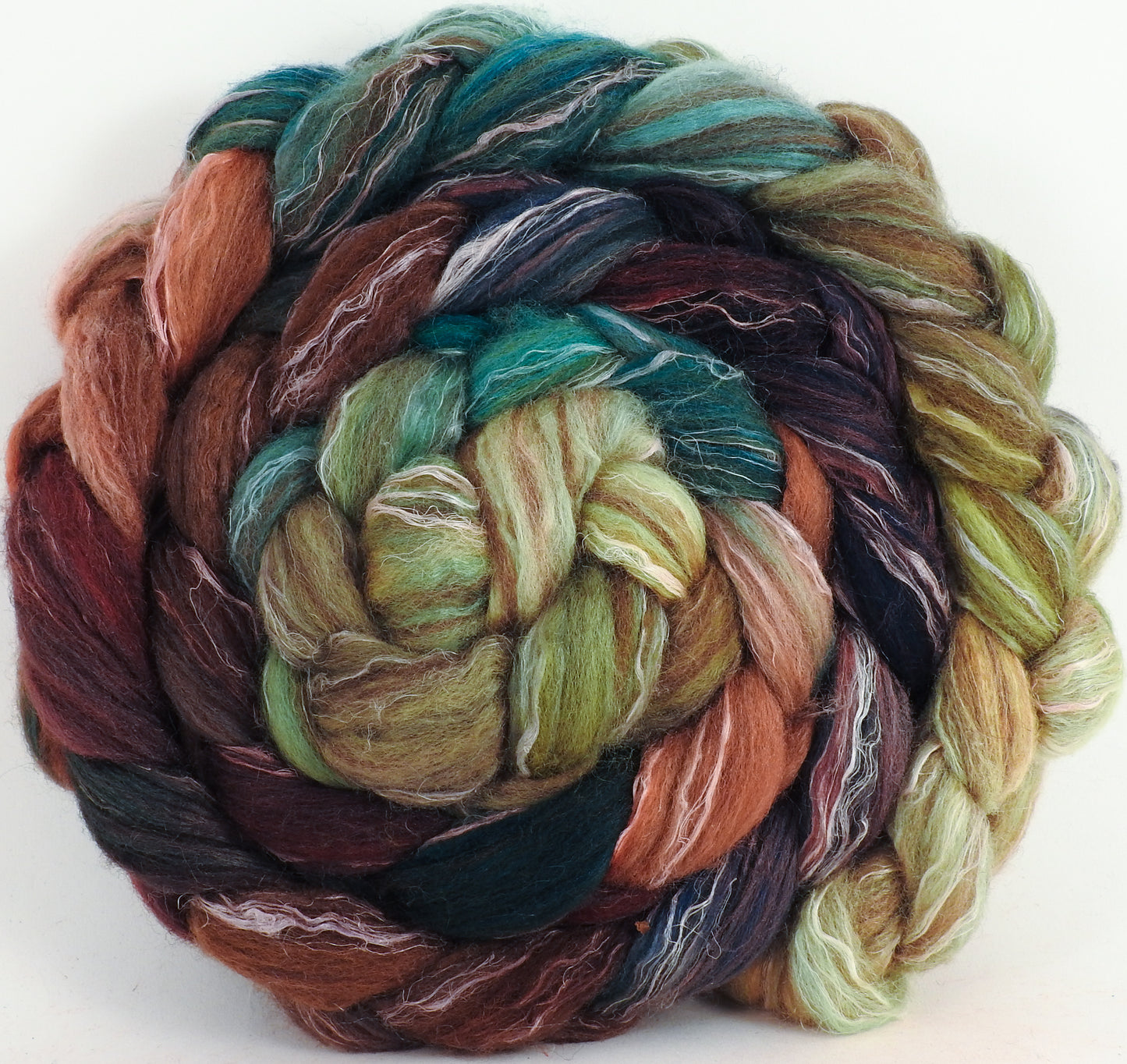 Batt in a Braid #32 - Toadstools -(5.3 oz) Manx Loaghtan/ Wht Bfl / Tussah Silk/ Flax( 30/30/30/10) - Inglenook Fibers