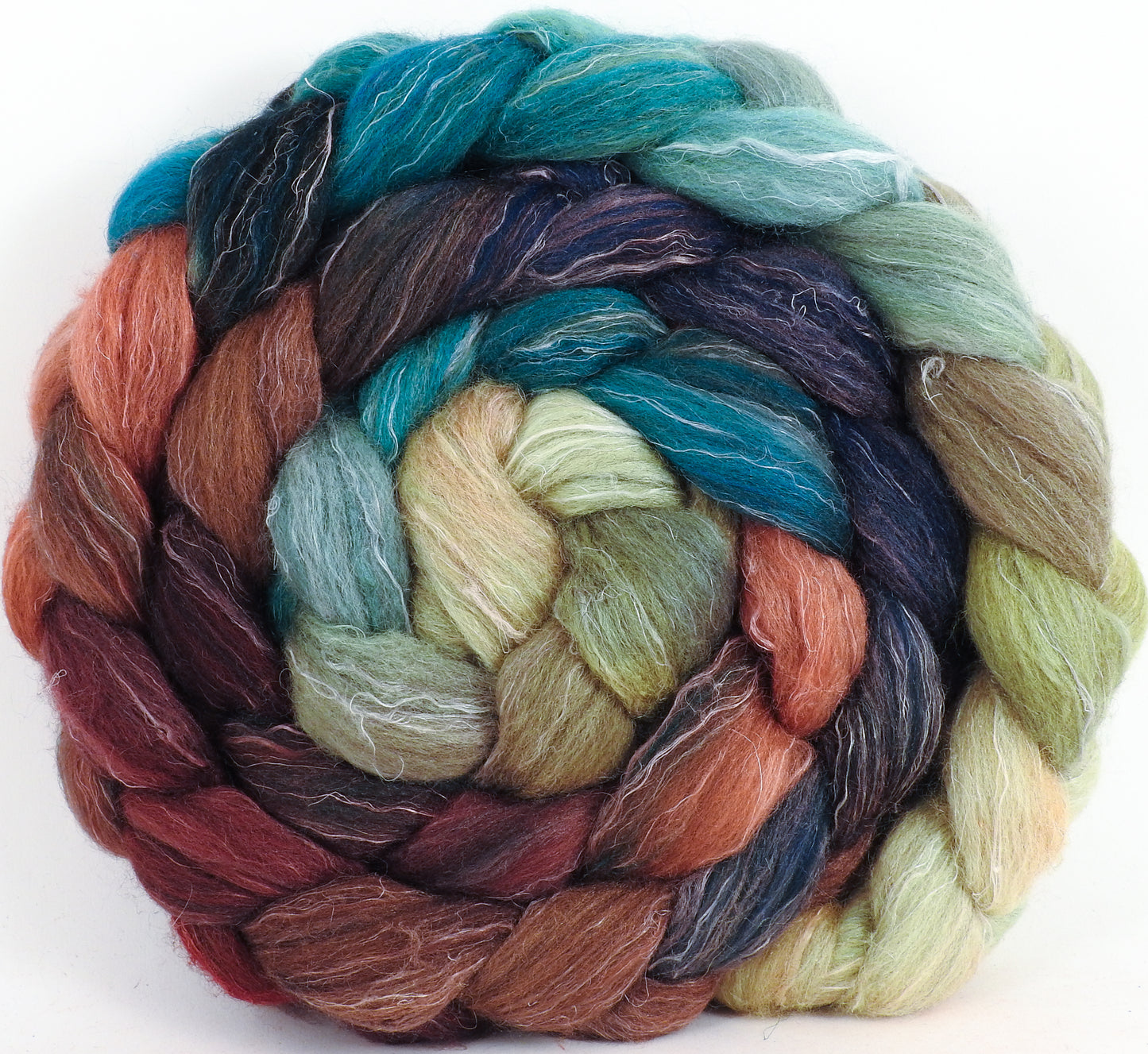 Batt in a Braid #38 - Toadstools (5.3 oz.) Shetland/ Falkland Merino / tussah silk/ flax (40/25/25/10) - Inglenook Fibers