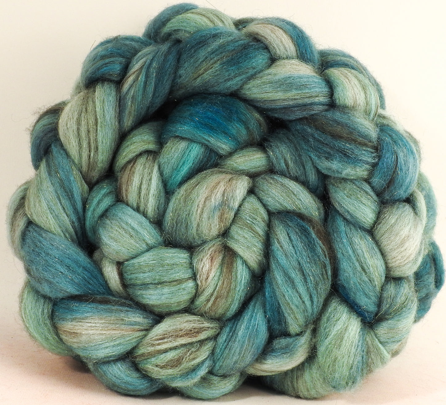 Celadon -(4.4 oz) Batt in a Braid #53- YAK/ Tussah silk/ Superfine Merino/Gold Stellina(30/30/30/10)