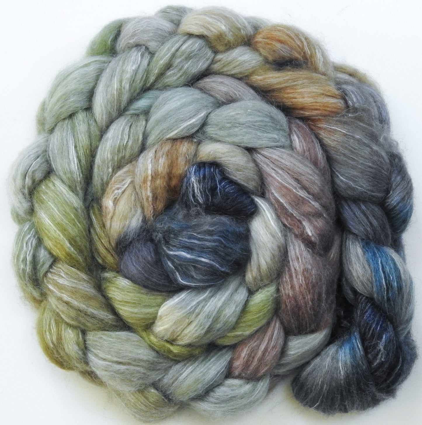 Downpour (5.2 oz) Batt in a Braid #57- Camel/Baby Alpaca/Mint fiber (50/25/25)