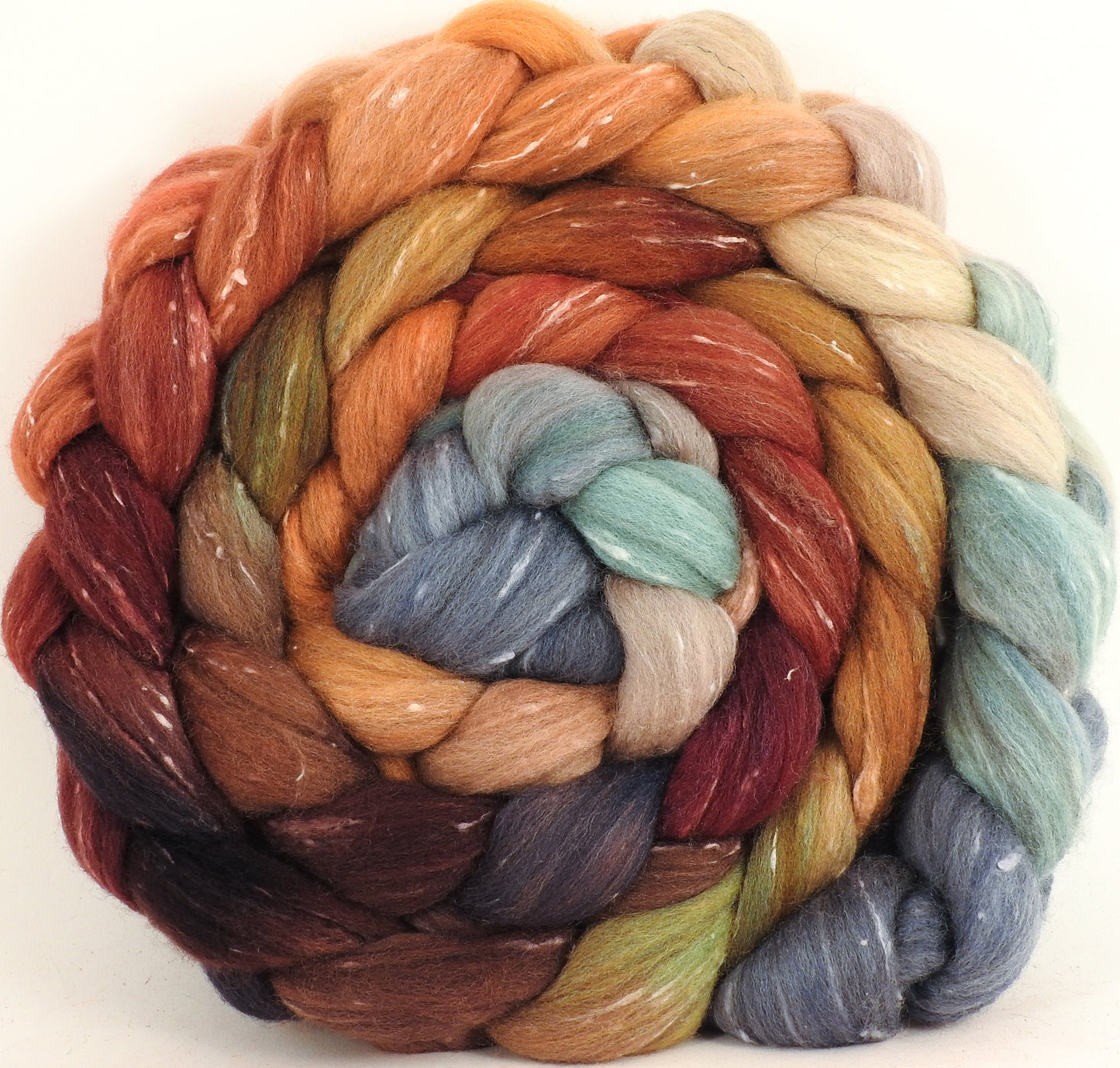 Batt in a Braid #42 - Squirrel's Pantry - (5.2 oz) Polwarth/ Tweed Blend / Peduncle&Tussah Silk( 50/25/25) - Inglenook Fibers