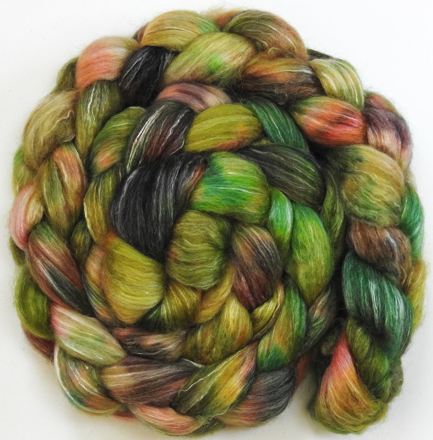 Salad Days (5.4 oz) Batt in a Braid #57- Camel/Baby Alpaca/Mint fiber (50/25/25)