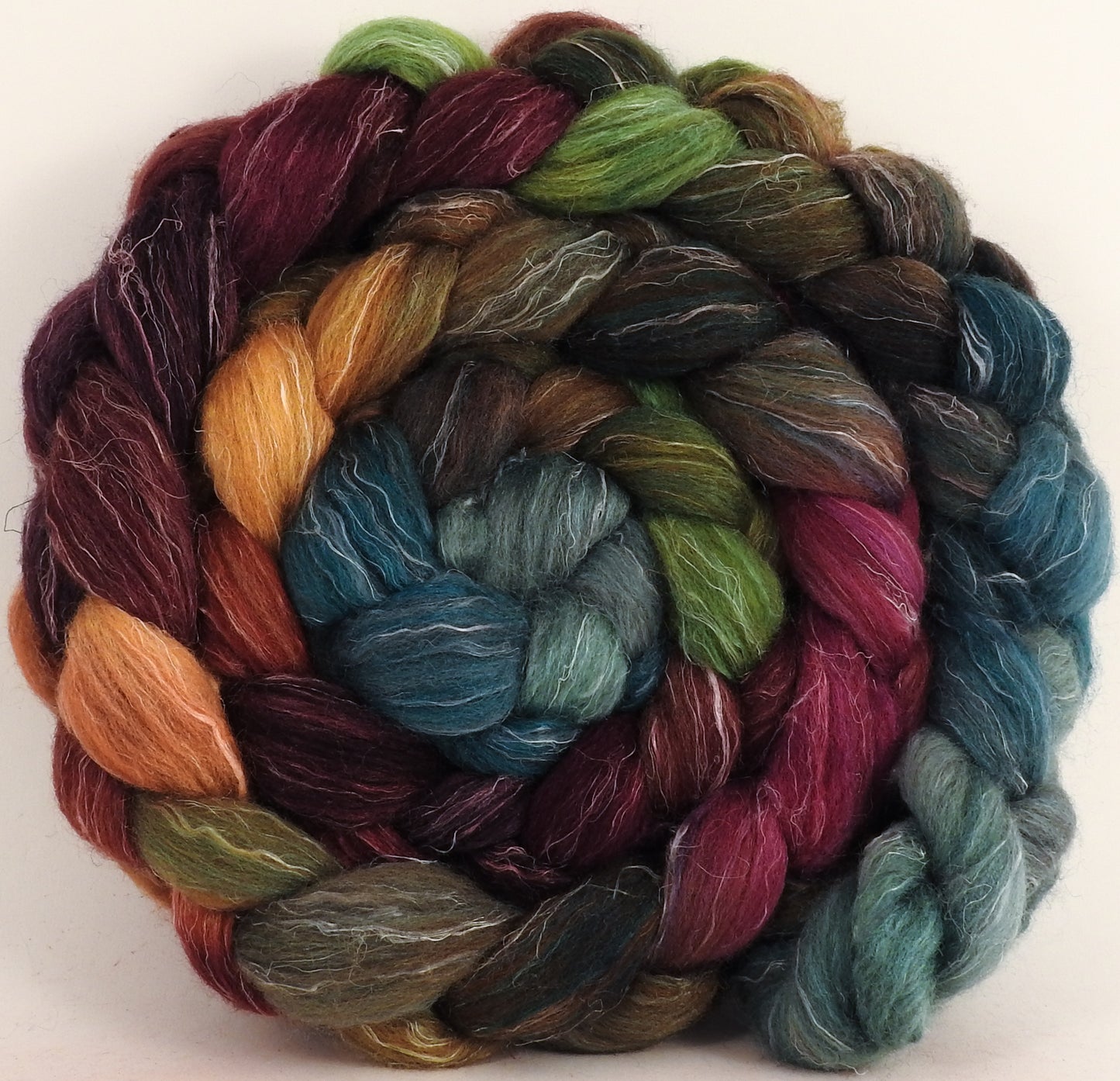 Batt in a Braid #38 - Farm Stand - (5.2 oz.) Shetland/ Falkland Merino / tussah silk/ flax (40/25/25/10) - Inglenook Fibers