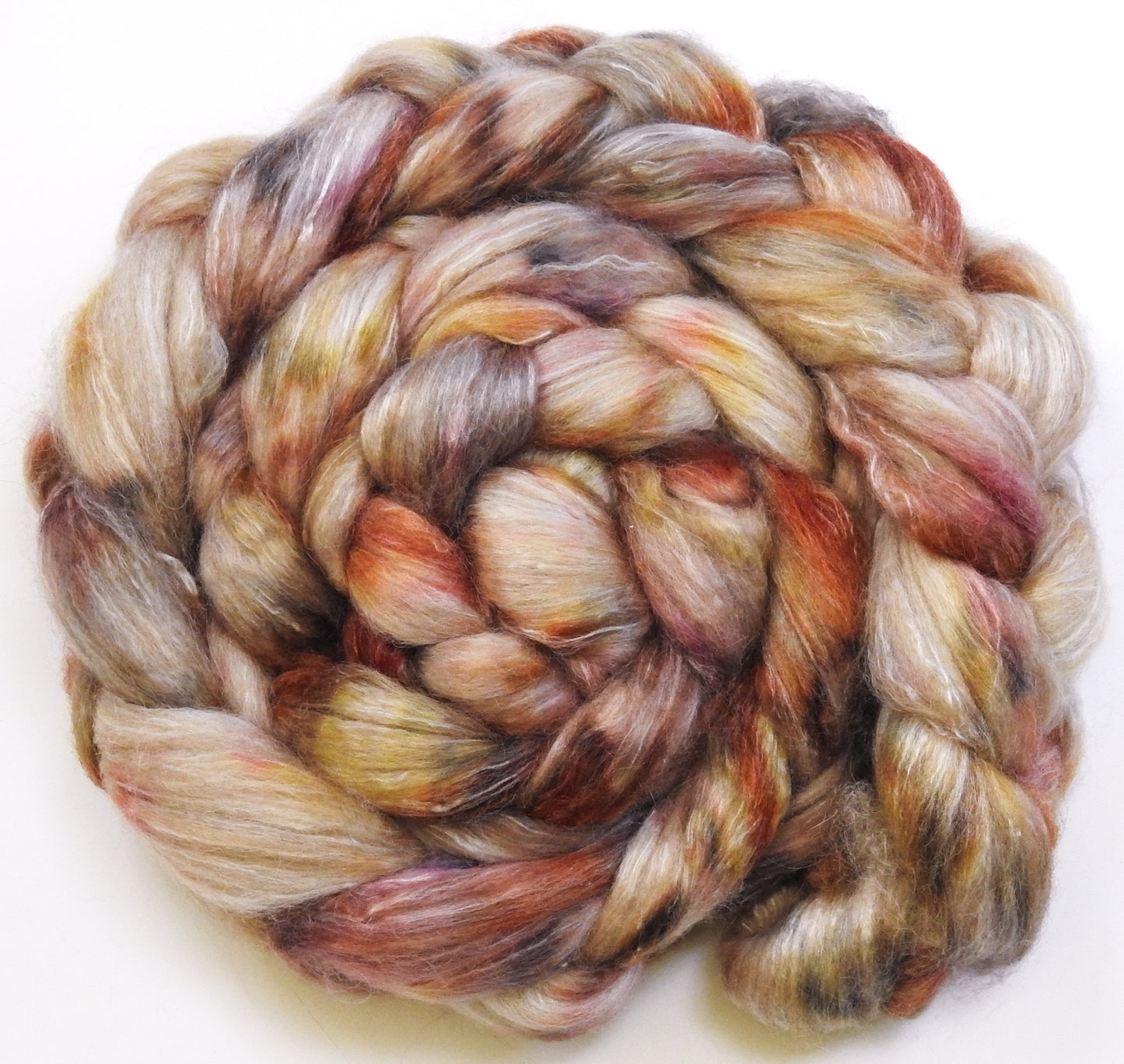 Cockle Shells (5.1 oz) Batt in a Braid #57- Camel/Baby Alpaca/Mint fiber (50/25/25)