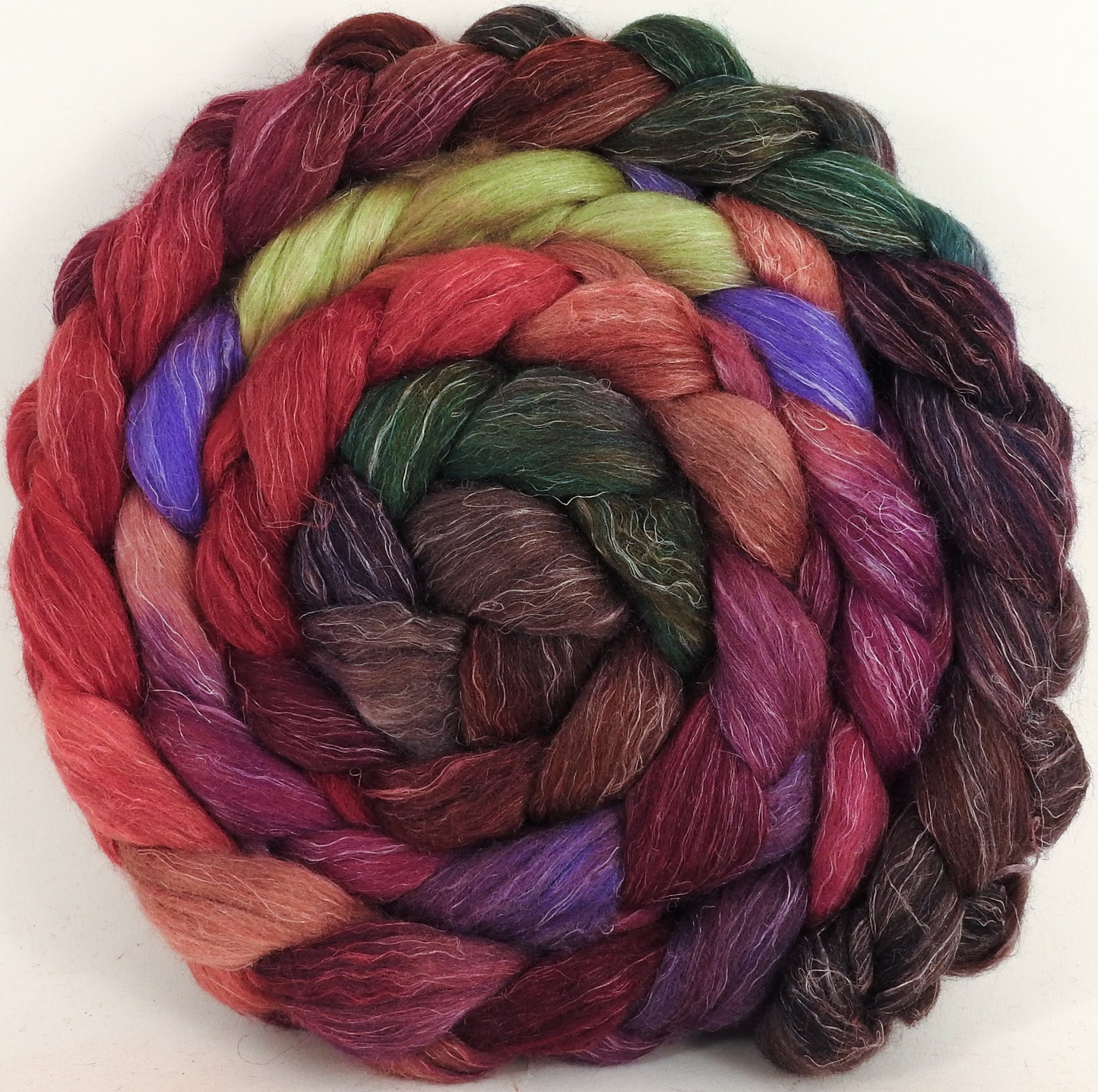 Batt in a Braid #3- Plum Pudding - (6.1 oz) - Polwarth/ Tussah Silk/ Flax (40/40/20) - Inglenook Fibers