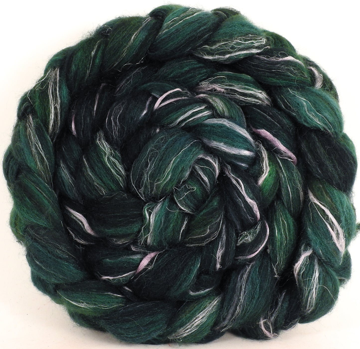 Batt in a Braid #32 - Juniper -(5.5 oz) Manx Loaghtan/ Wht Bfl / Tussah Silk/ Flax( 30/30/30/10) - Inglenook Fibers