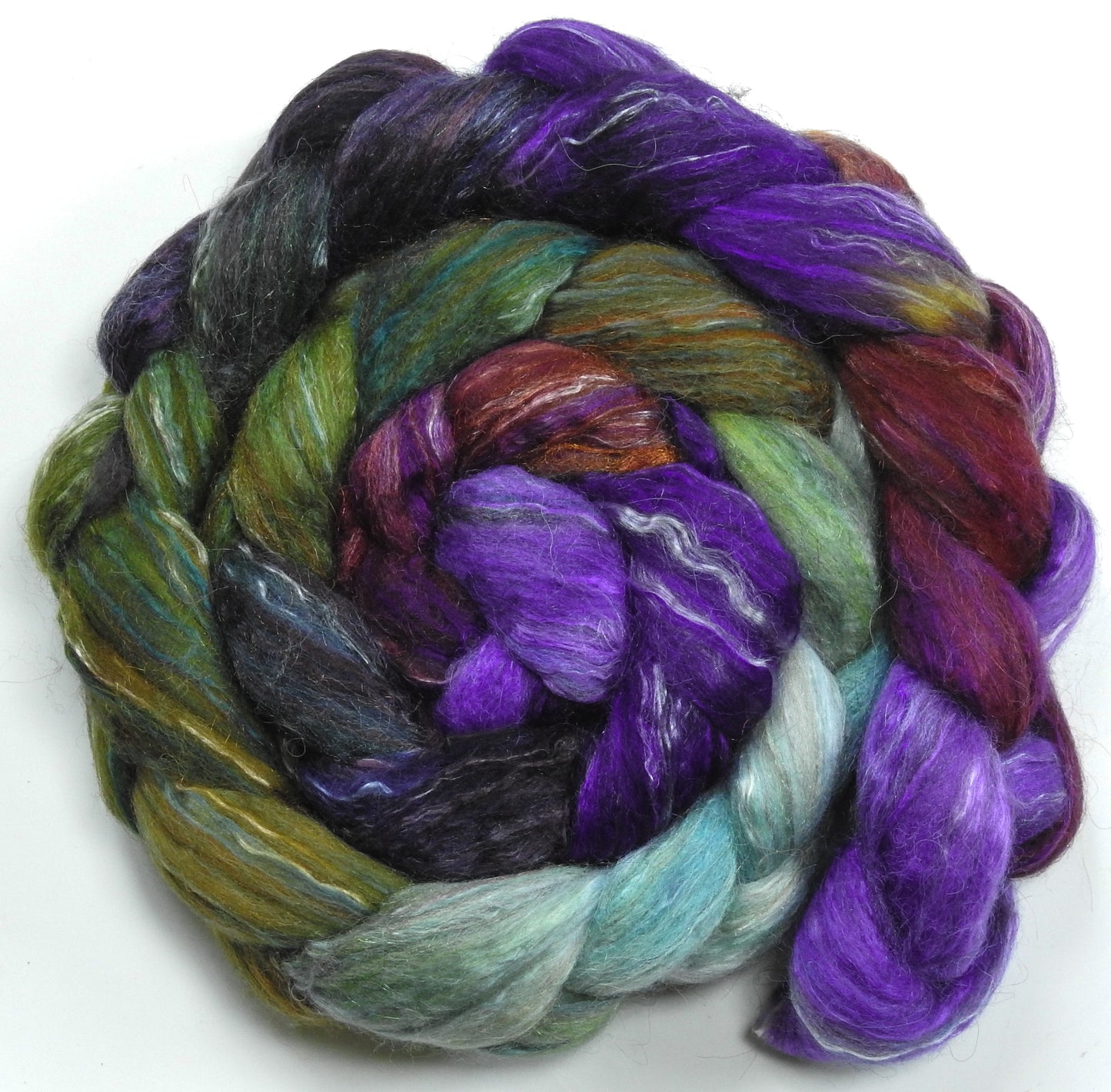 Cabbages & Kings(darker) (5.1 oz) - Batt in a Braid #31 - Polwarth/ Mulberry Silk / Baby Alpaca / Rainbow Firestar/ Tencel( 40/25/15/10/10)
