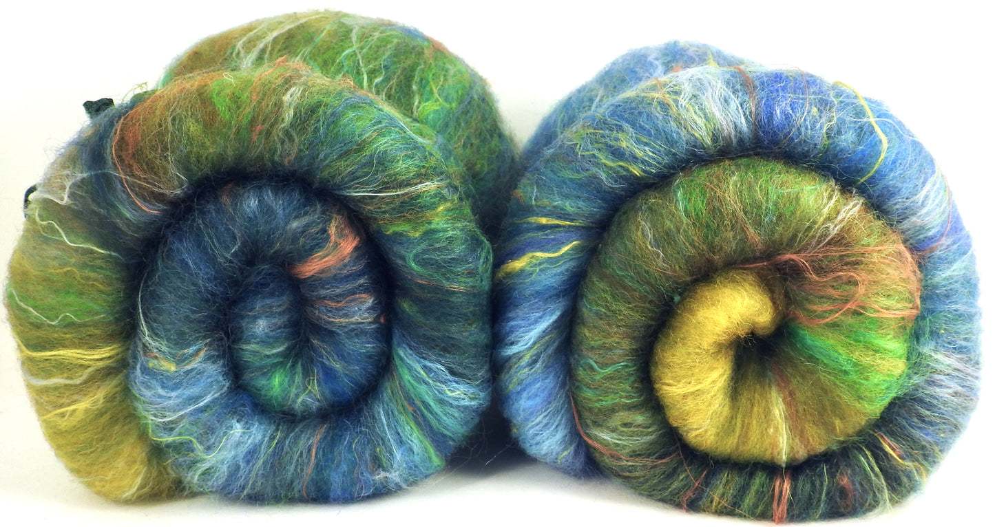 Fjord- 3.7 oz- Roly Poly batt- 30% Targhee/Cormo/DorsetX fleece, 35% Dorset Horn Top, Cheviot Roving, 15% Kid Mohair top, 20% silk, bamboo