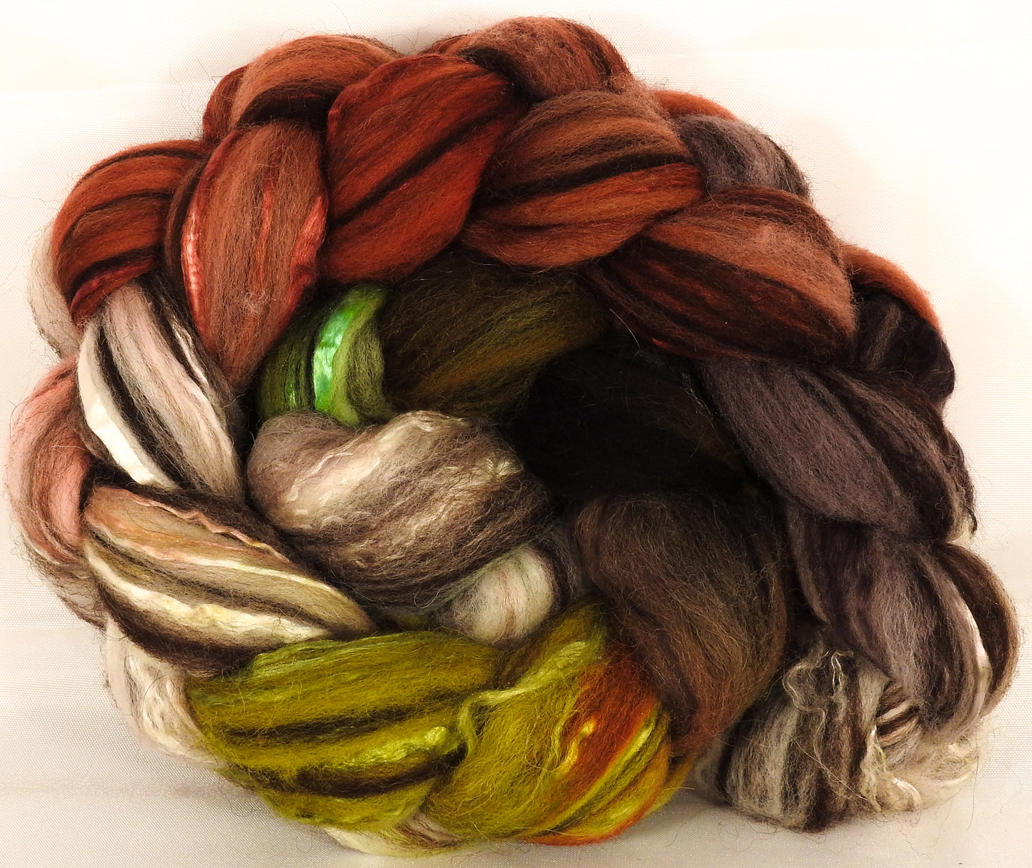 Batt in a Braid #37 -Elizabeth Zimmerman ( 5.1 oz) - Polwarth / Grey Baby Alpaca /Brown Corriedale/ Mulberry Silk ( 40/20/20/20 ) - Inglenook Fibers