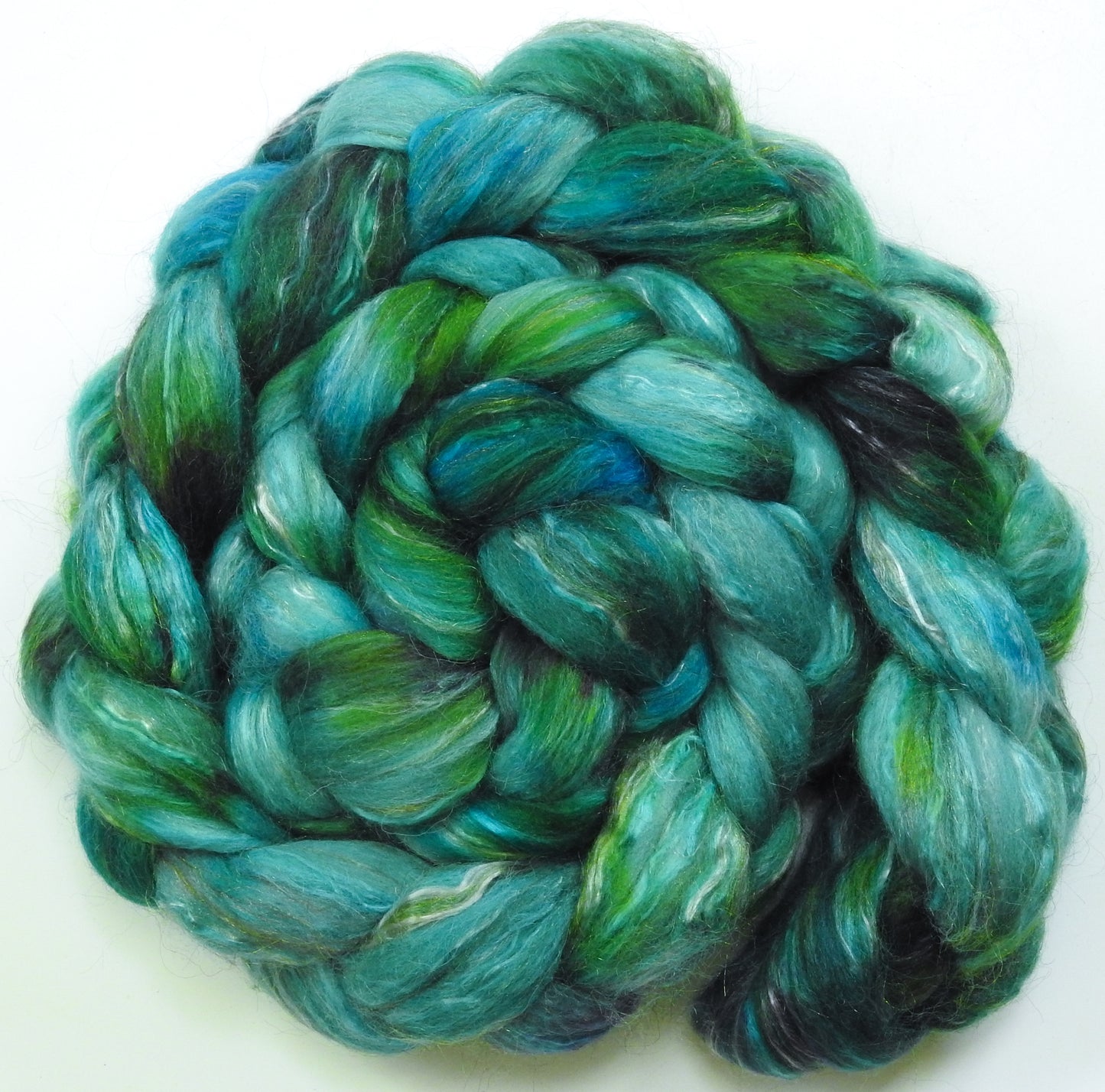 Scuba Diving (5.4 oz) - Batt in a Braid #31 - Polwarth/ Mulberry Silk / Baby Alpaca / Rainbow Firestar/ Tencel( 40/25/15/10/10)