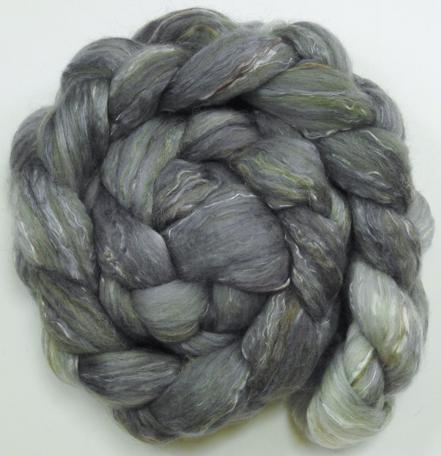 Silver Spoon (5.3 oz) - Batt in a Braid #31 - Polwarth/ Mulberry Silk / Baby Alpaca / Rainbow Firestar/ Tencel( 40/25/15/10/10)