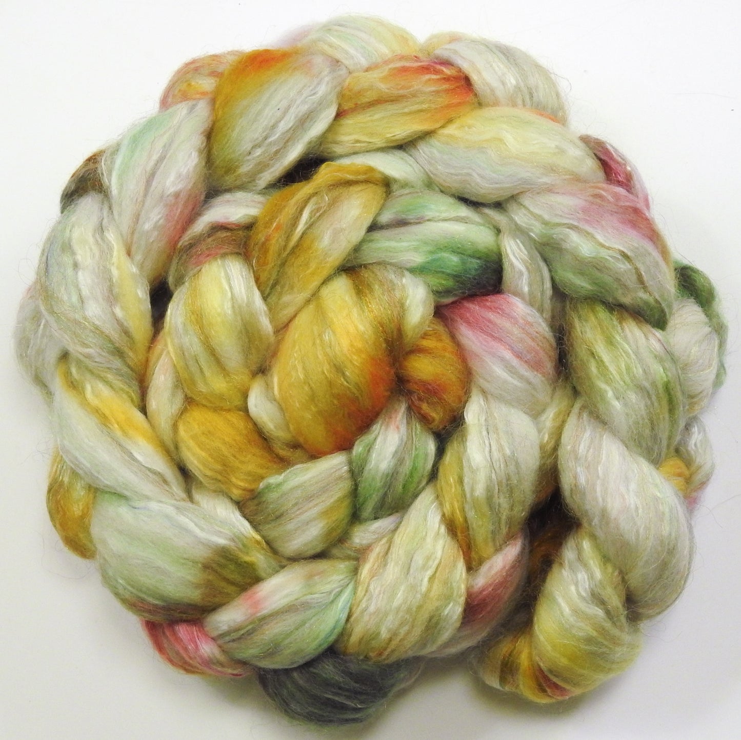 Sorbet (5.5 oz) - Batt in a Braid #31 - Polwarth/ Mulberry Silk / Baby Alpaca / Rainbow Firestar/ Tencel( 40/25/15/10/10)