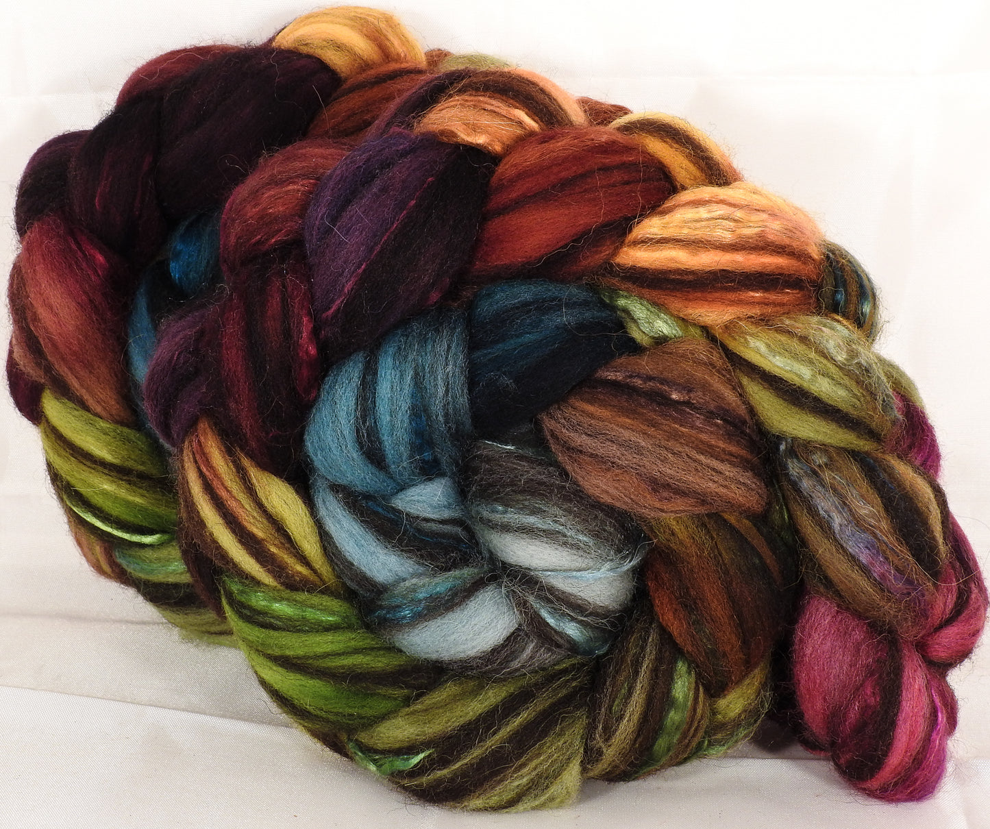 Batt in a Braid #37 -Farm Stand ( 5.25 oz) - Polwarth / Grey Baby Alpaca /Brown Corriedale/ Mulberry Silk ( 40/20/20/20 ) - Inglenook Fibers