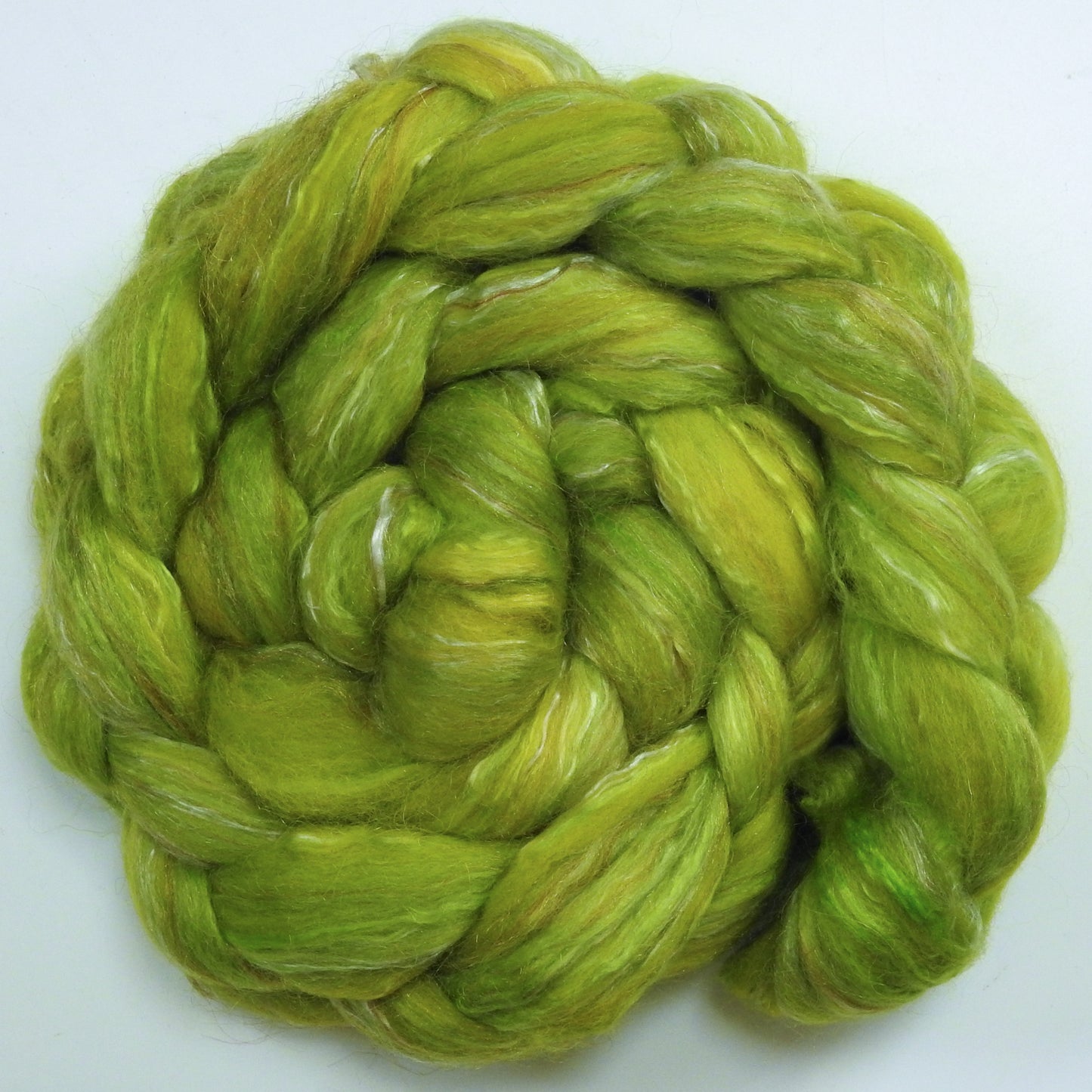 Pollen (5.4 oz) - Batt in a Braid #31 - Polwarth/ Mulberry Silk / Baby Alpaca / Rainbow Firestar/ Tencel( 40/25/15/10/10)