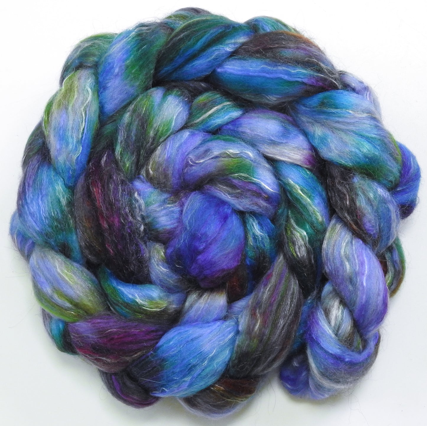 Spanish Bluebells (5.4 oz) - Batt in a Braid #31 - Polwarth/ Mulberry Silk / Baby Alpaca / Rainbow Firestar/ Tencel( 40/25/15/10/10)