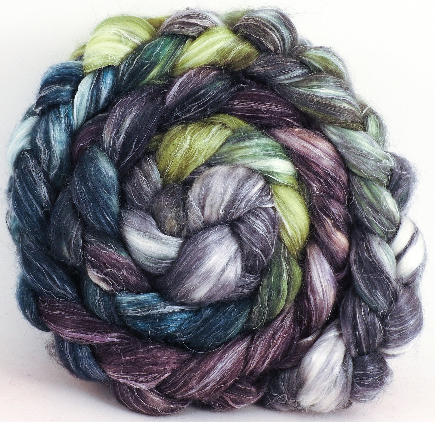 Hand dyed Tussah Silk / flax roving - Peppercorns -(65/35)- (5.4 oz.) - Inglenook Fibers