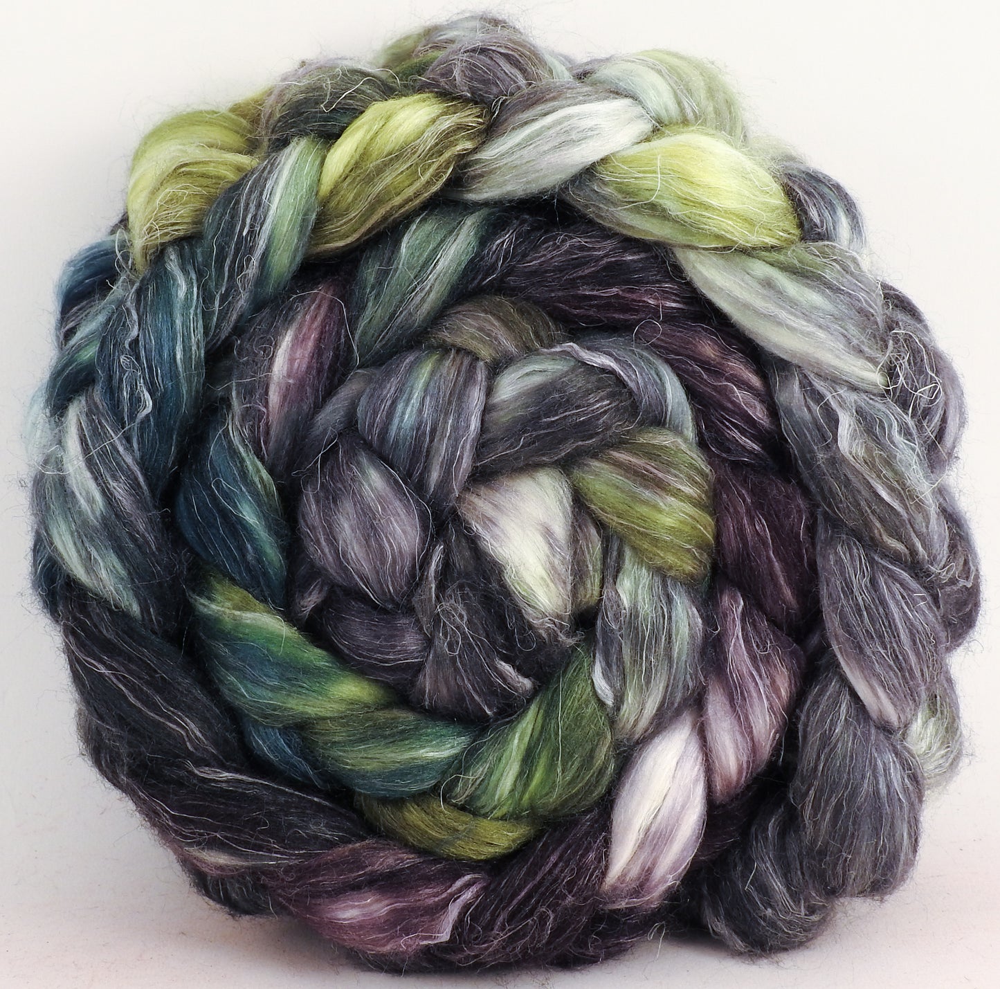 Hand dyed Tussah Silk / flax roving - Peppercorns -(65/35)- (5.4 oz.) - Inglenook Fibers