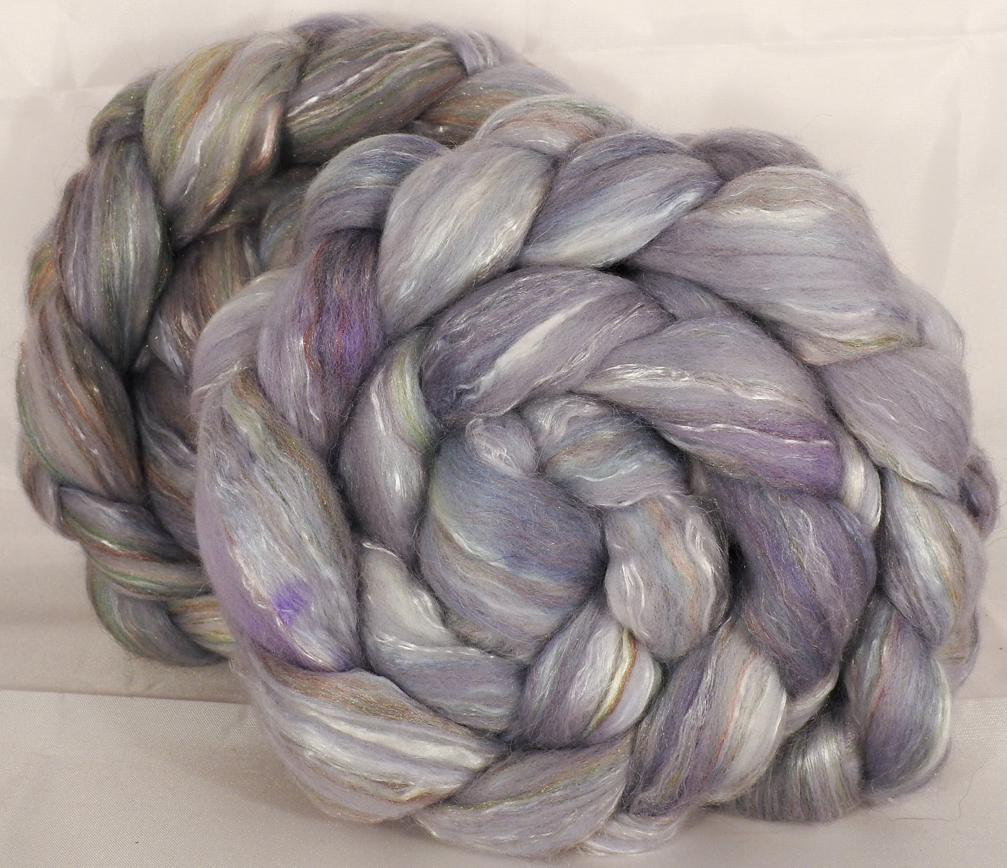 Batt in a Braid #31- Mithril- Polwarth/ Mulberry Silk / Baby Alpaca / Rainbow Firestar/ Tencel( 40/25/15/10/10) - Inglenook Fibers