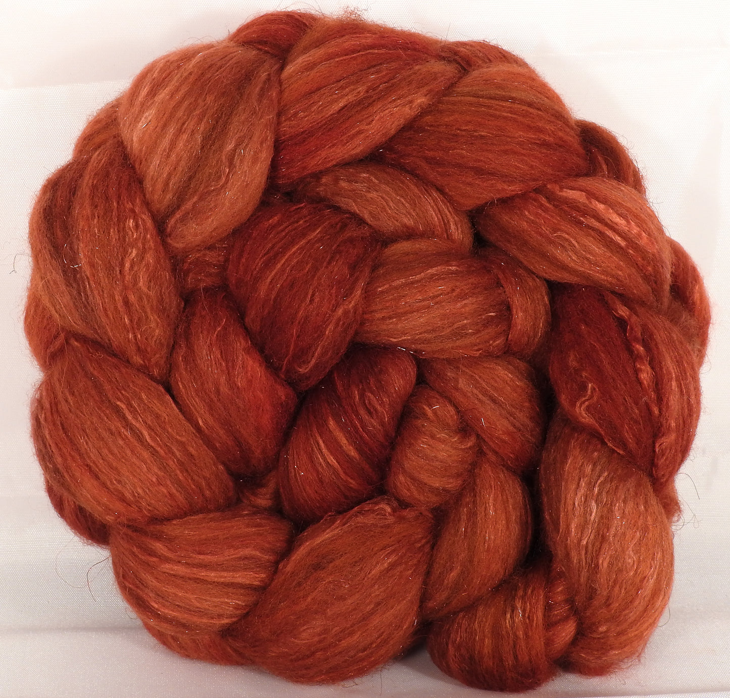 Batt in a Braid #7-Persimmon-(5.4 oz.)Polwarth/ Manx / Mulberry silk/ Firestar (30/30/30/10) - Inglenook Fibers