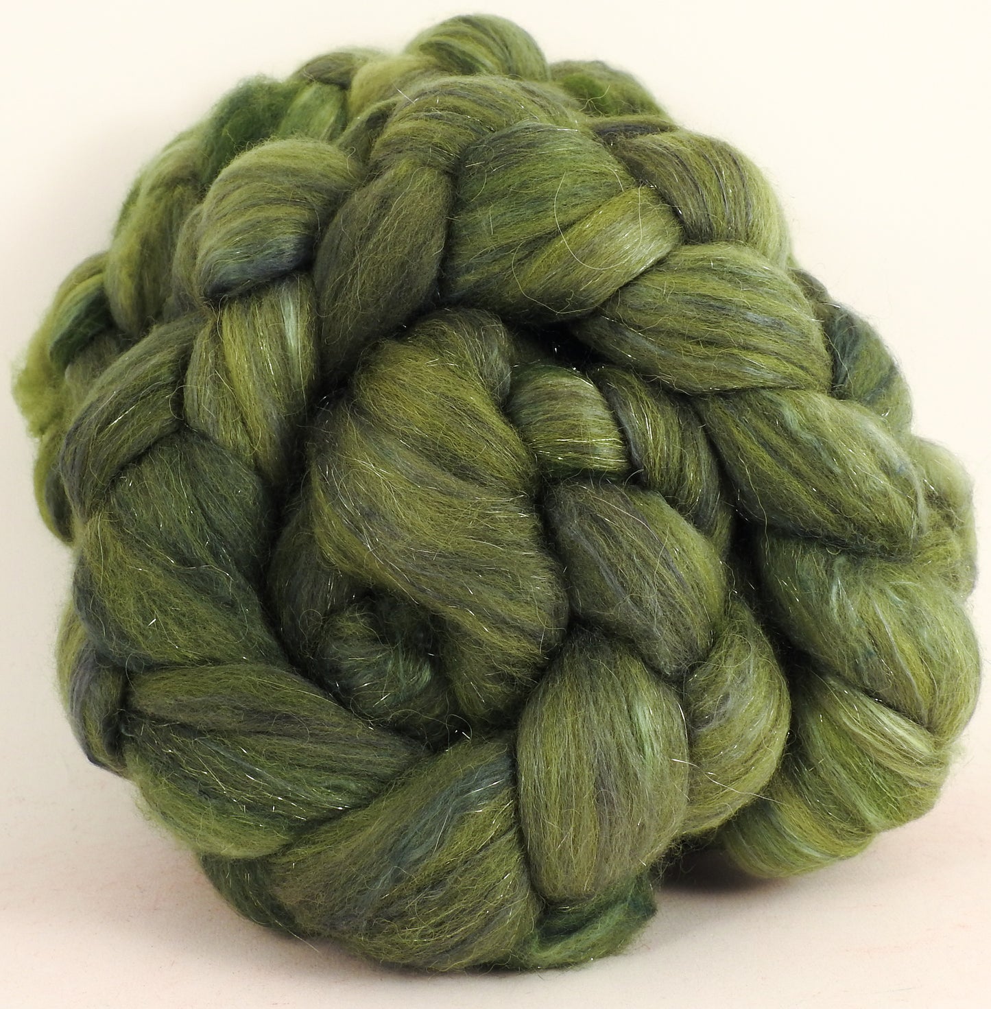 Batt in a Braid #41 - Bottle Green - (4.6 oz.) Llama / Merino ( 18 mic.)/ Mulberry silk/ Stellina (40/30/25/5) - Inglenook Fibers