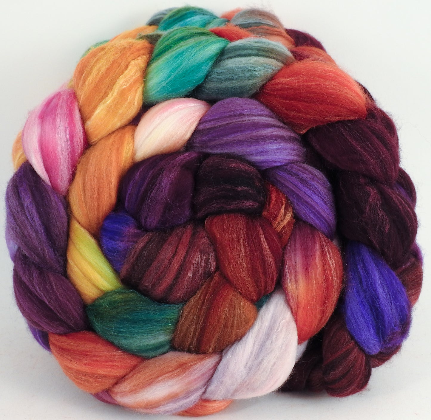 Batt in a Braid #35 - Red Queen (6.25 oz.) - Sw Merino (18.5 mic) /Merino (18.5 mic) / Tussah Silk (40/40/20) - Inglenook Fibers