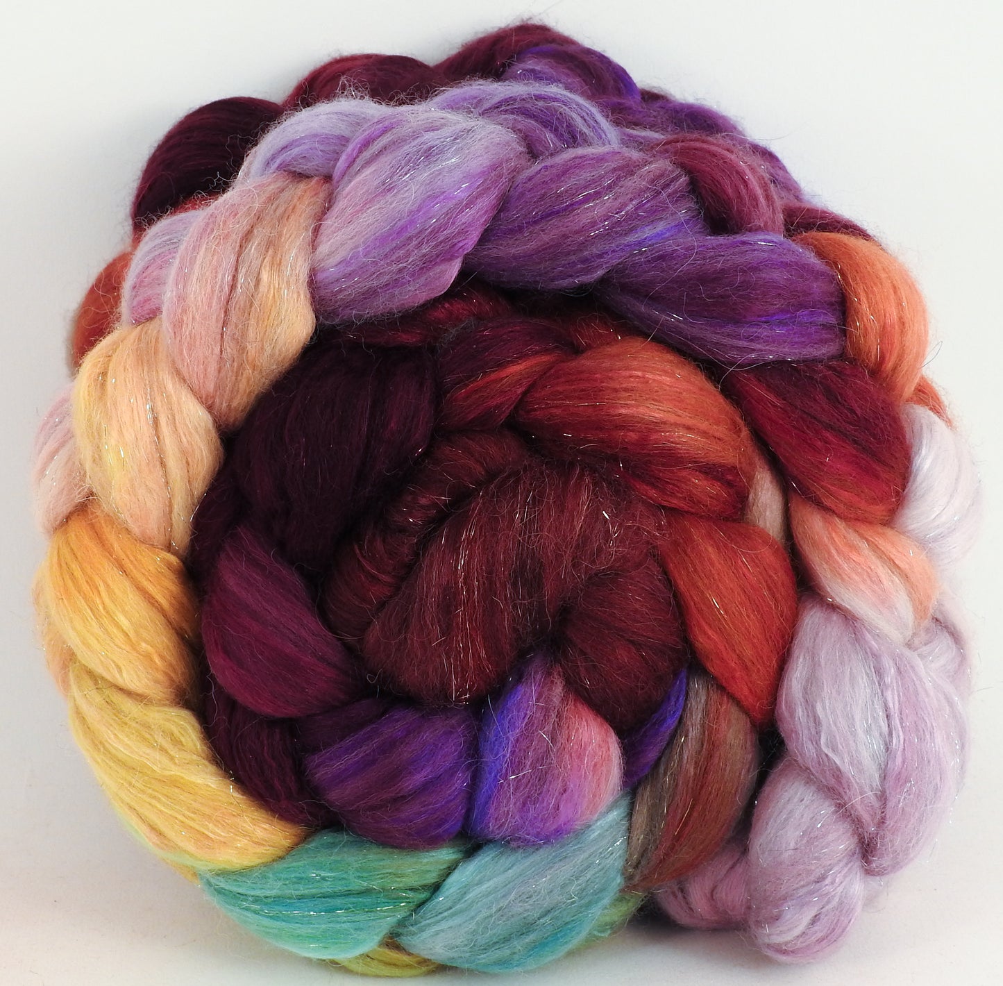 Batt in a Braid #41 -Red Queen - (5.2 oz.) Llama / Merino ( 18 mic.)/ Mulberry silk/ Stellina (40/30/25/5) - Inglenook Fibers