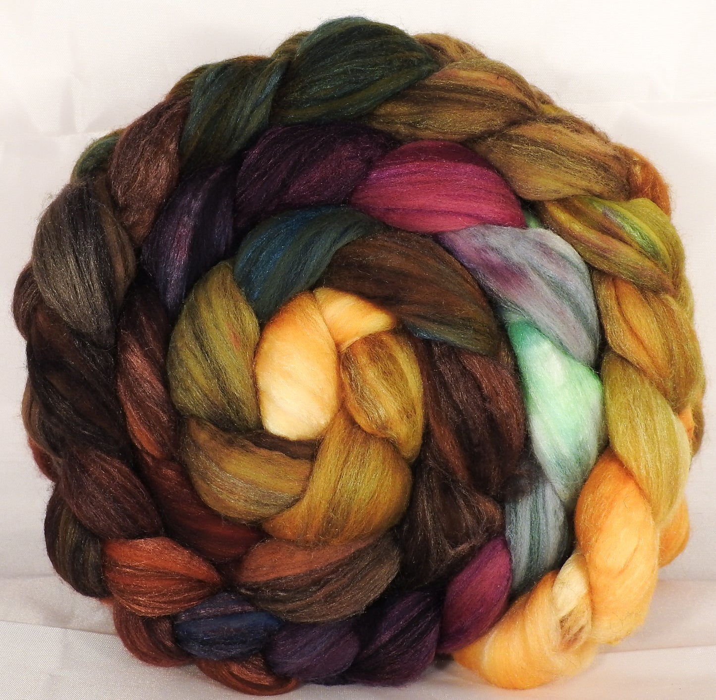 Batt in a Braid #35 - Horn of Plenty - Sw Merino (18.5 mic) /Merino (18.5 mic) / Tussah Silk (40/40/20) - Inglenook Fibers