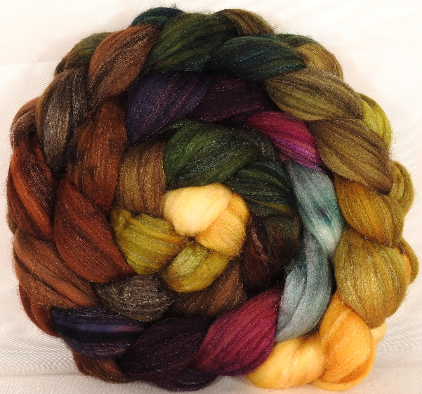Batt in a Braid #35 - Horn of Plenty - Sw Merino (18.5 mic) /Merino (18.5 mic) / Tussah Silk (40/40/20) - Inglenook Fibers