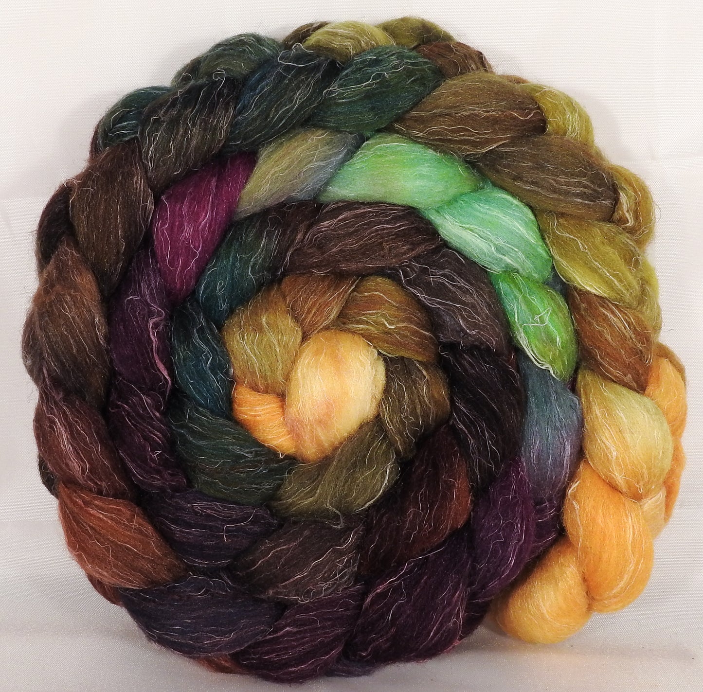 Batt in a Braid #29 - Horn of Plenty (5.3 oz.) Rambouillet / Tussah / Flax (40/40/20) - Inglenook Fibers