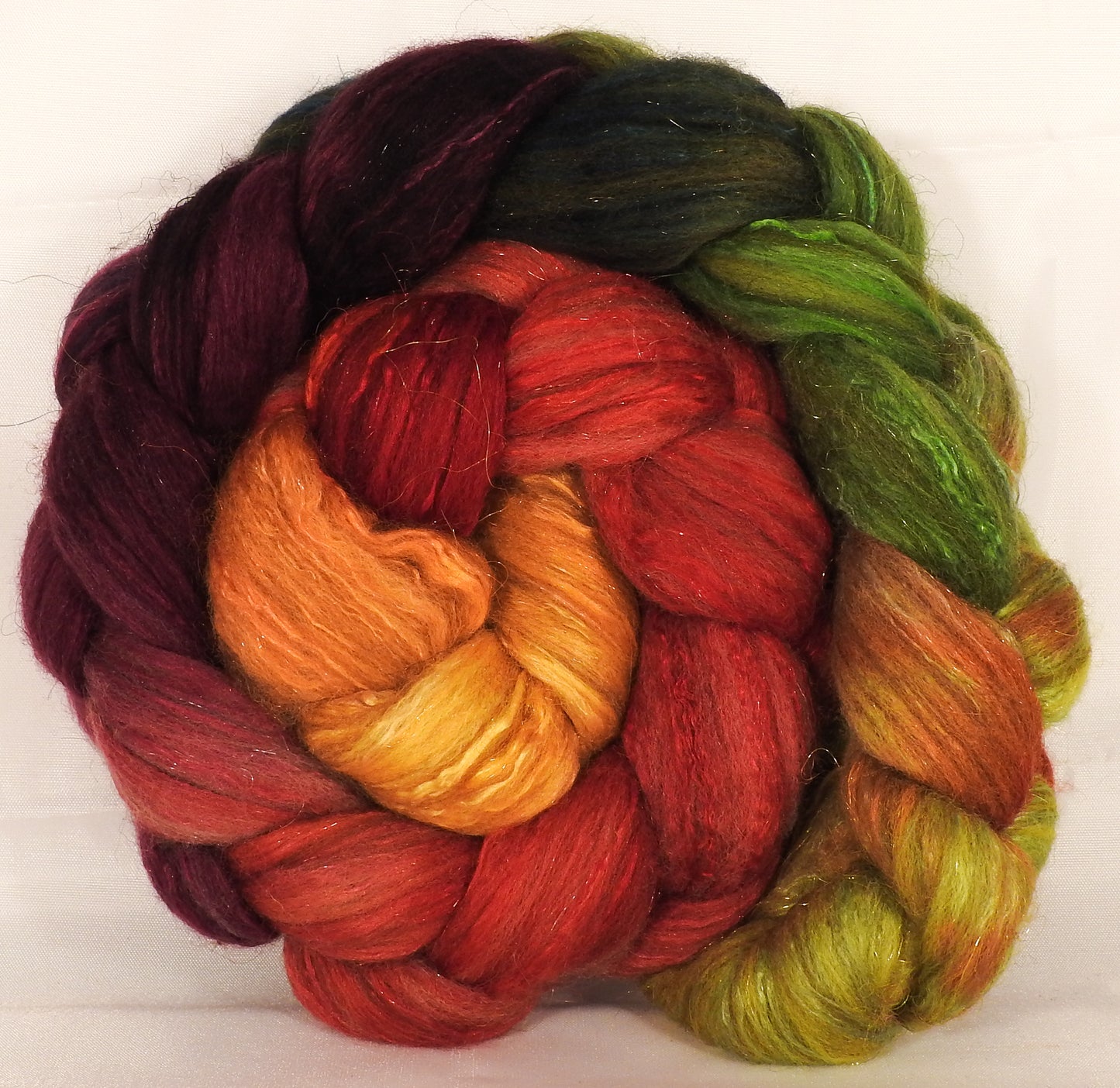Batt in a Braid #7 -Woodbine-Polwarth/ Manx / Mulberry silk/ Firestar (30/30/30/10) - Inglenook Fibers