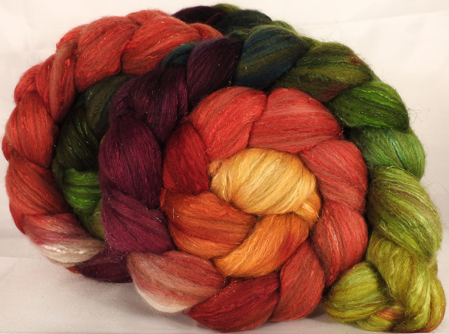 Batt in a Braid #7 -Woodbine-Polwarth/ Manx / Mulberry silk/ Firestar (30/30/30/10) - Inglenook Fibers