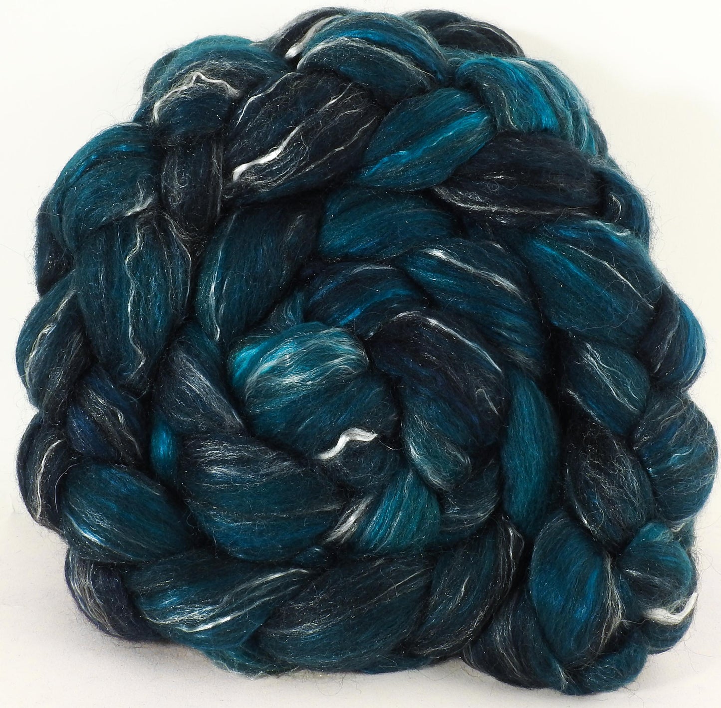 Blue Spruce (5.8 oz) - Batt in a Braid #31 - Polwarth/ Mulberry Silk / Baby Alpaca / Rainbow Firestar/ Tencel( 40/25/15/10/10)