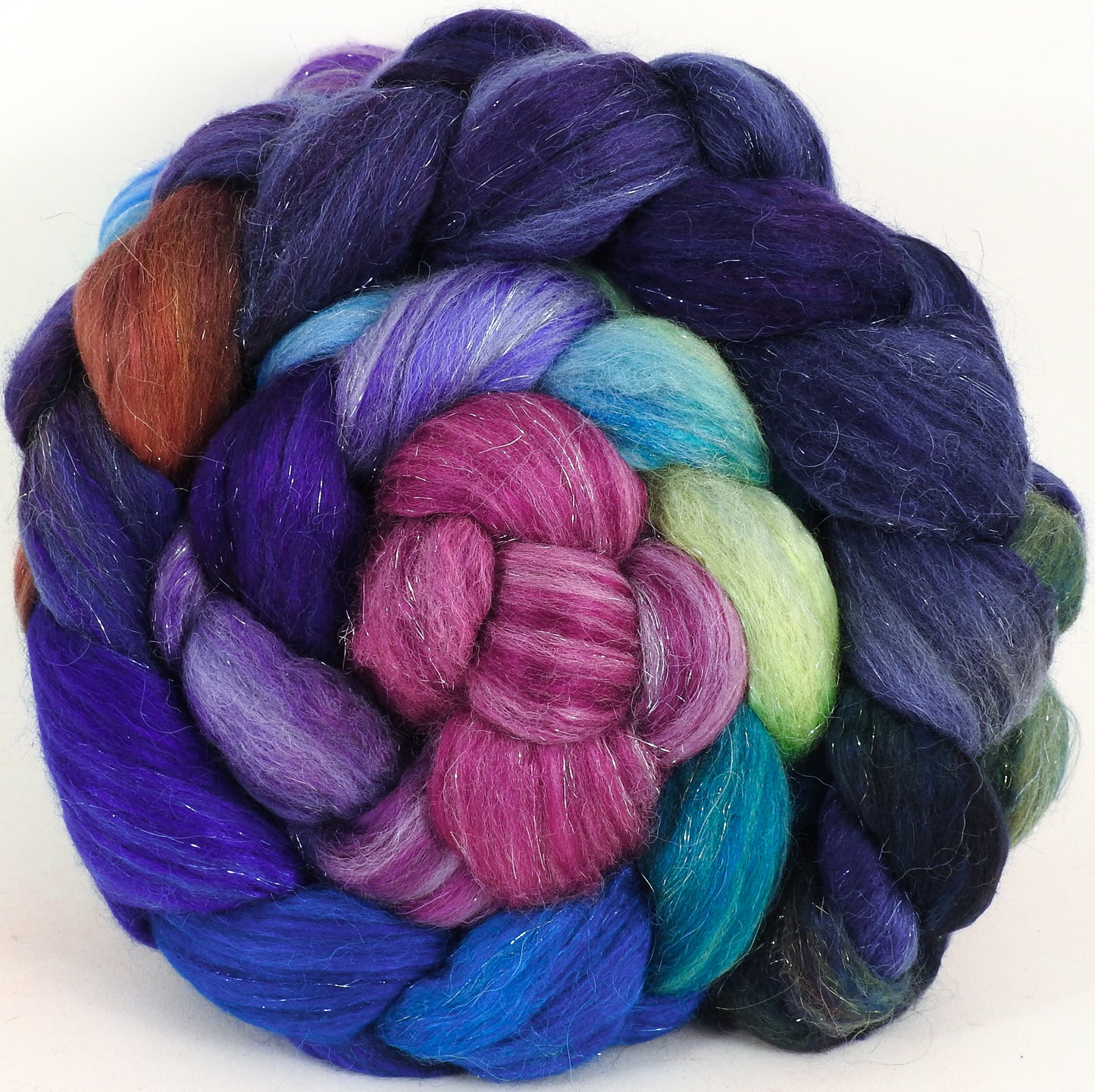 Batt in a Braid #41 -Royal Pain - (5.2 oz.) Llama / Merino ( 18 mic.)/ Mulberry silk/ Stellina (40/30/25/5) - Inglenook Fibers