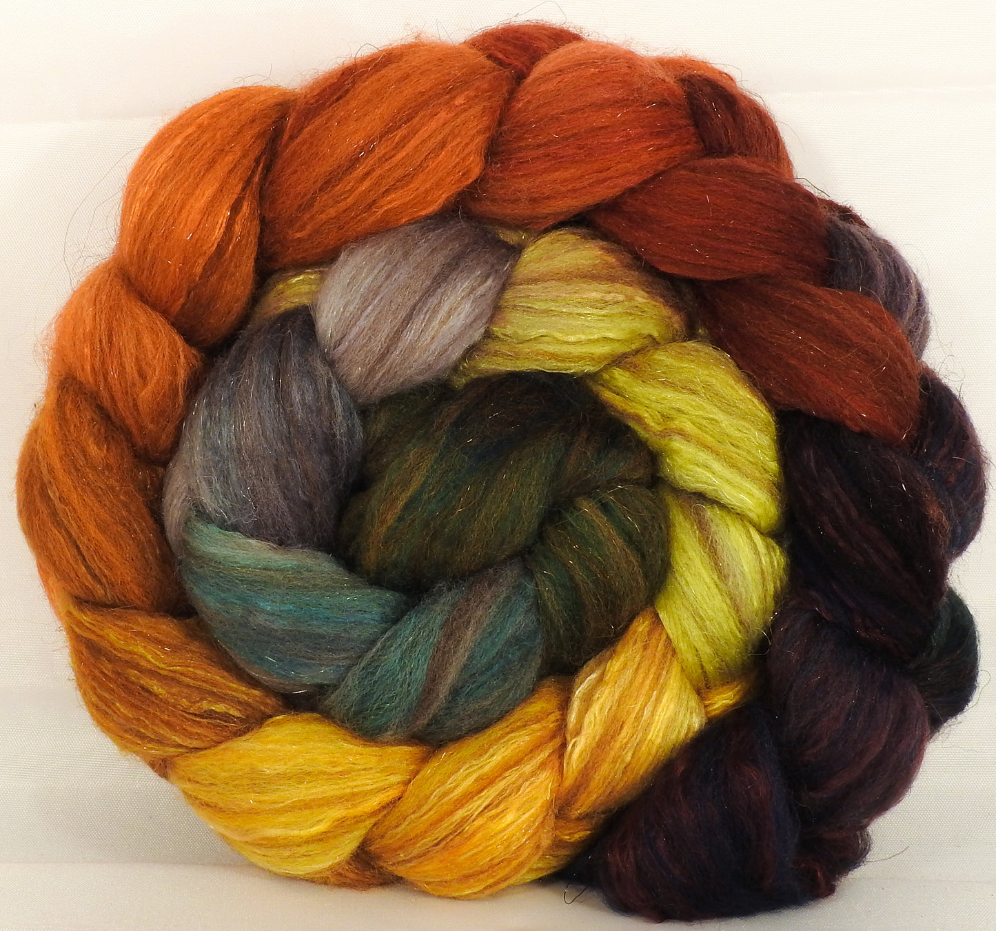 Batt in a Braid #7 -Gourds-(5.25 oz.)Polwarth/ Manx / Mulberry silk/ Firestar (30/30/30/10) - Inglenook Fibers