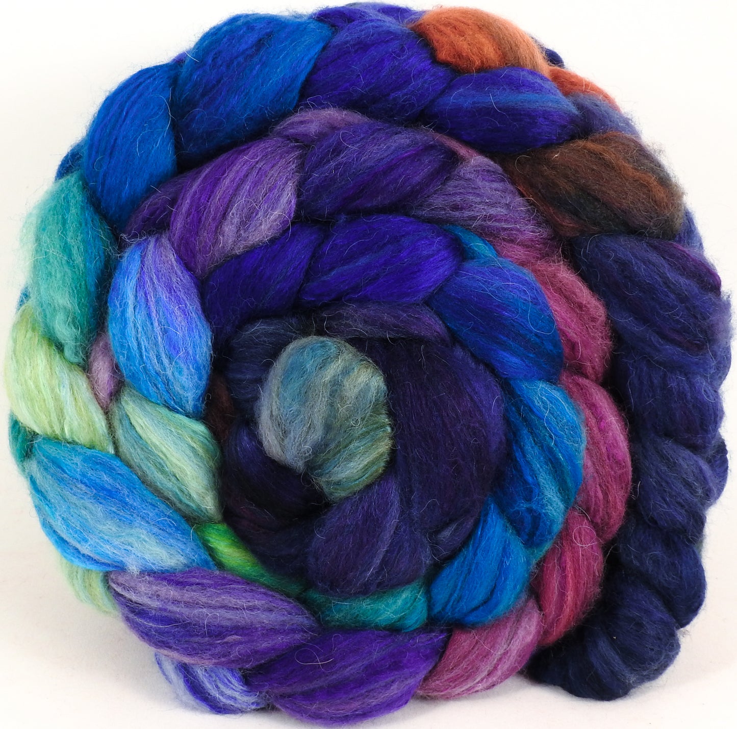 Batt in a Braid #5 - Royal Pain -(5.3 oz.) Merino/ Camel/ silk/ faux cashmere/ firestar (25/25/25/12/12) - Inglenook Fibers