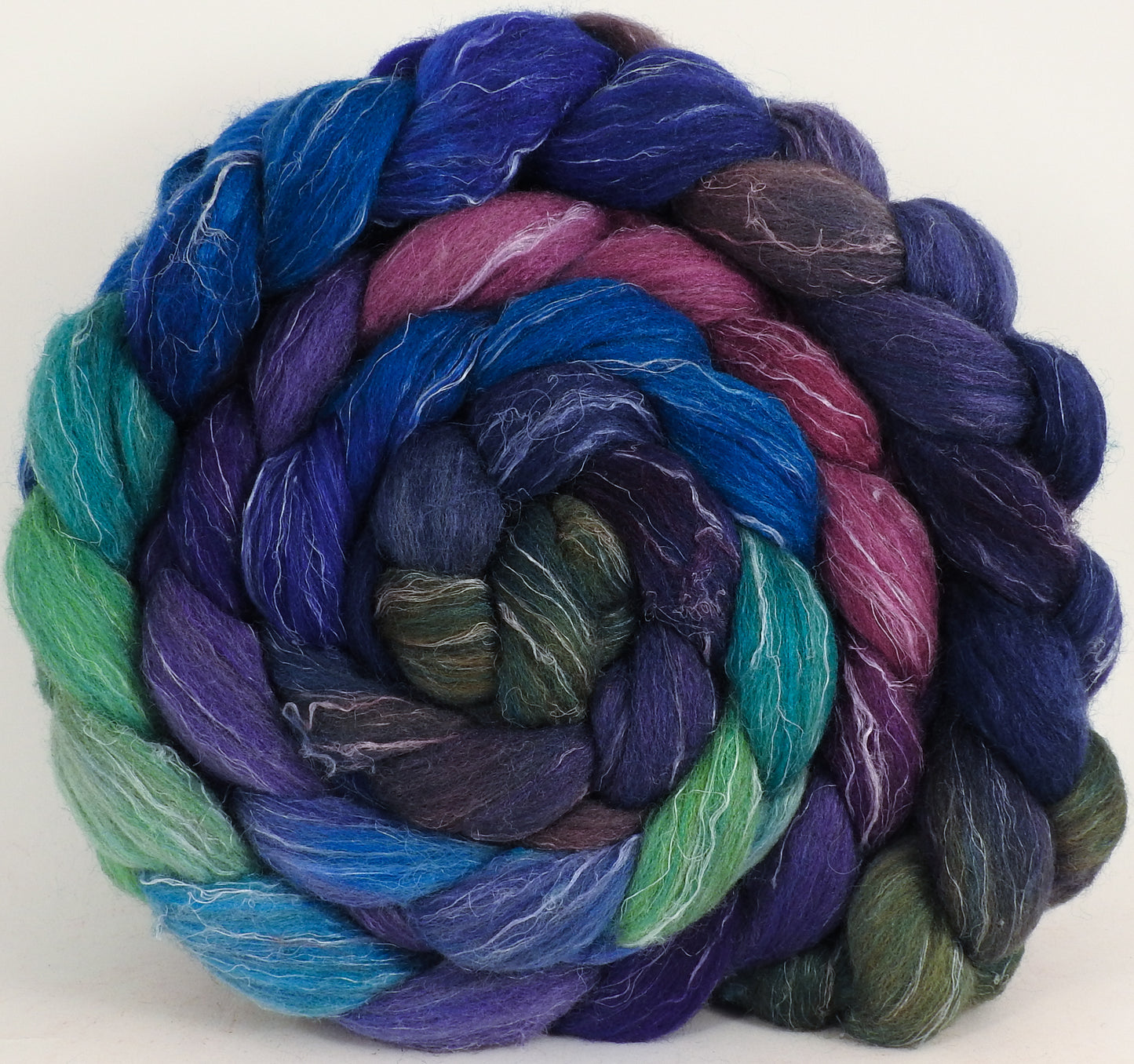 Batt in a Braid #38 -Royal Pain - (5.3 oz.) Shetland/ Falkland Merino / tussah silk/ flax (40/25/25/10) - Inglenook Fibers