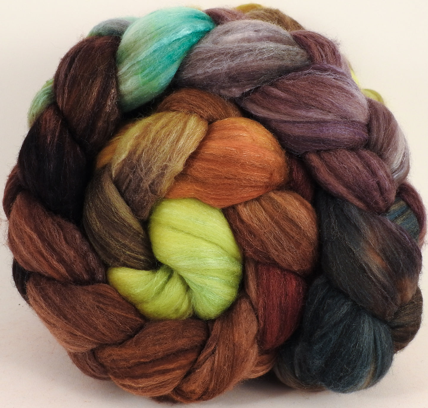 Batt in a Braid #35 - Bronze Oak (5.5 oz.) - Sw Merino (18.5 mic) /Merino (18.5 mic) / Tussah Silk (40/40/20) - Inglenook Fibers