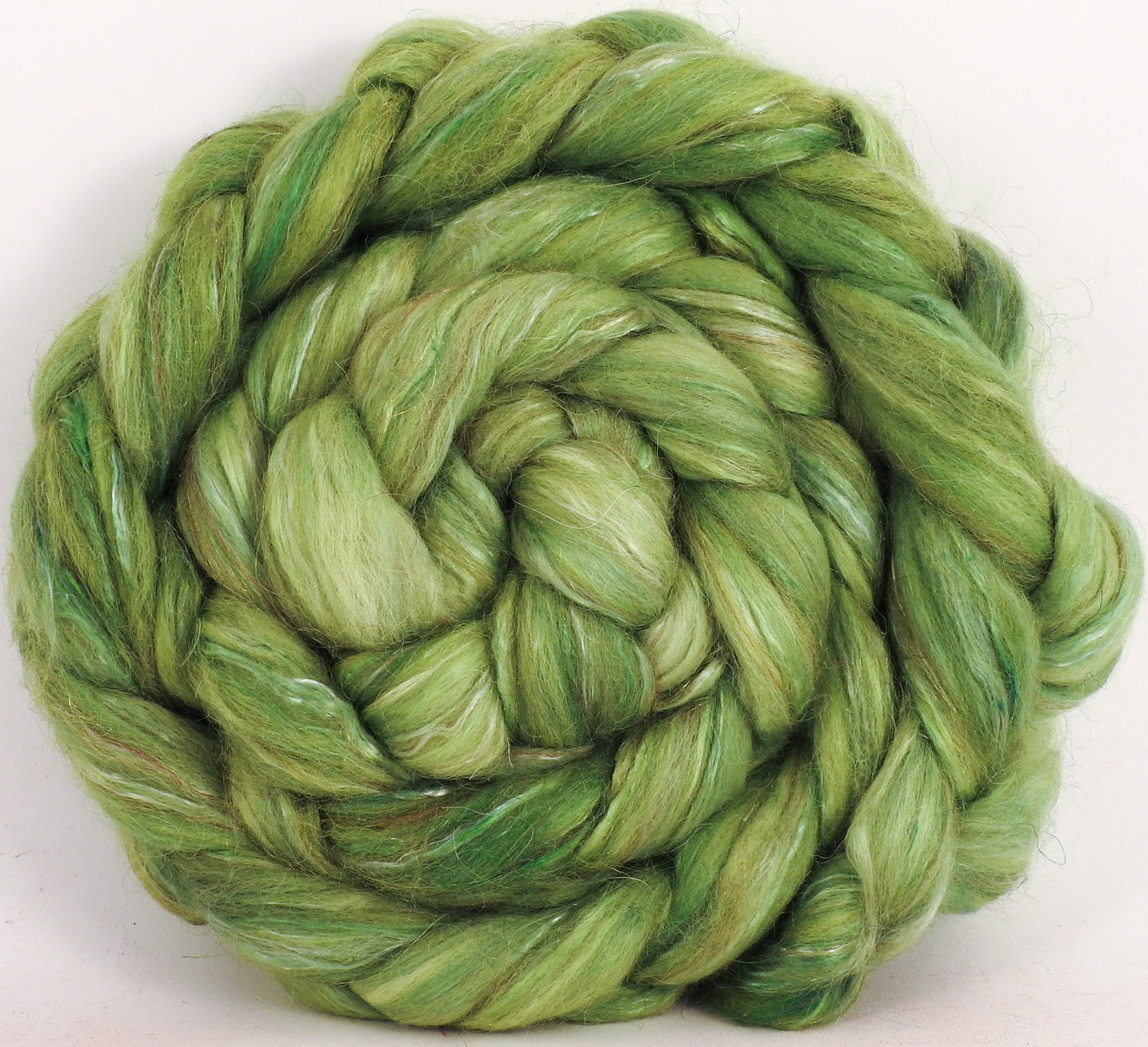 Batt in a Braid #31- Turf -(5.4 oz. ) Polwarth/ Mulberry Silk / Baby Alpaca / Rainbow Firestar/ Tencel( 40/25/15/10/10) - Inglenook Fibers