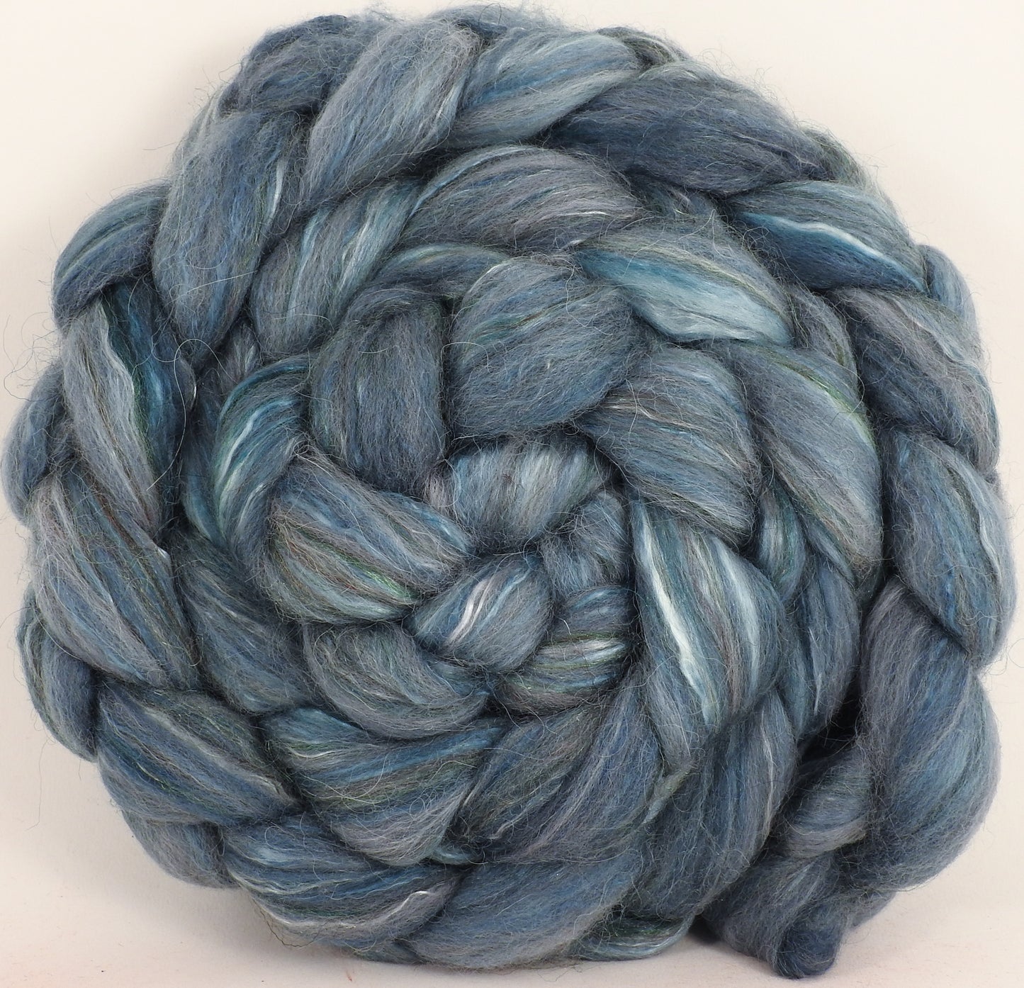 Batt in a Braid #31- Rain Cloud - (5.4 oz.) - Polwarth/ Mulberry Silk / Baby Alpaca / Rainbow Firestar/ Tencel( 40/25/15/10/10) - Inglenook Fibers