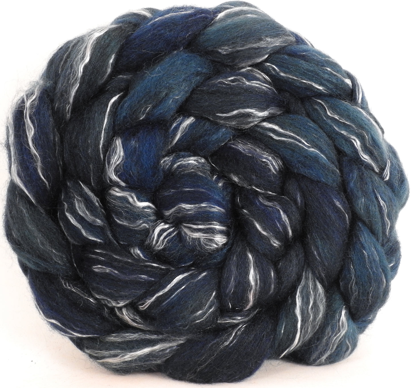 Batt in a Braid #17 -Leviathan -(5.1 oz.) Grey Corriedale/ Tussah silk/ Tencel (50/25/25) - Inglenook Fibers