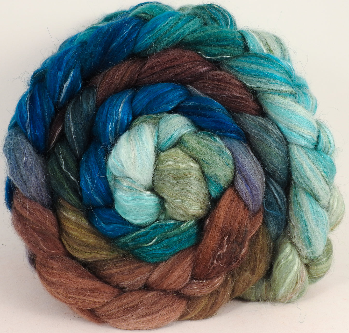 Batt in a Braid #31-Sea Turtle - Polwarth/ Mulberry Silk / Baby Alpaca / Rainbow Firestar/ Tencel( 40/25/15/10/10) - Inglenook Fibers